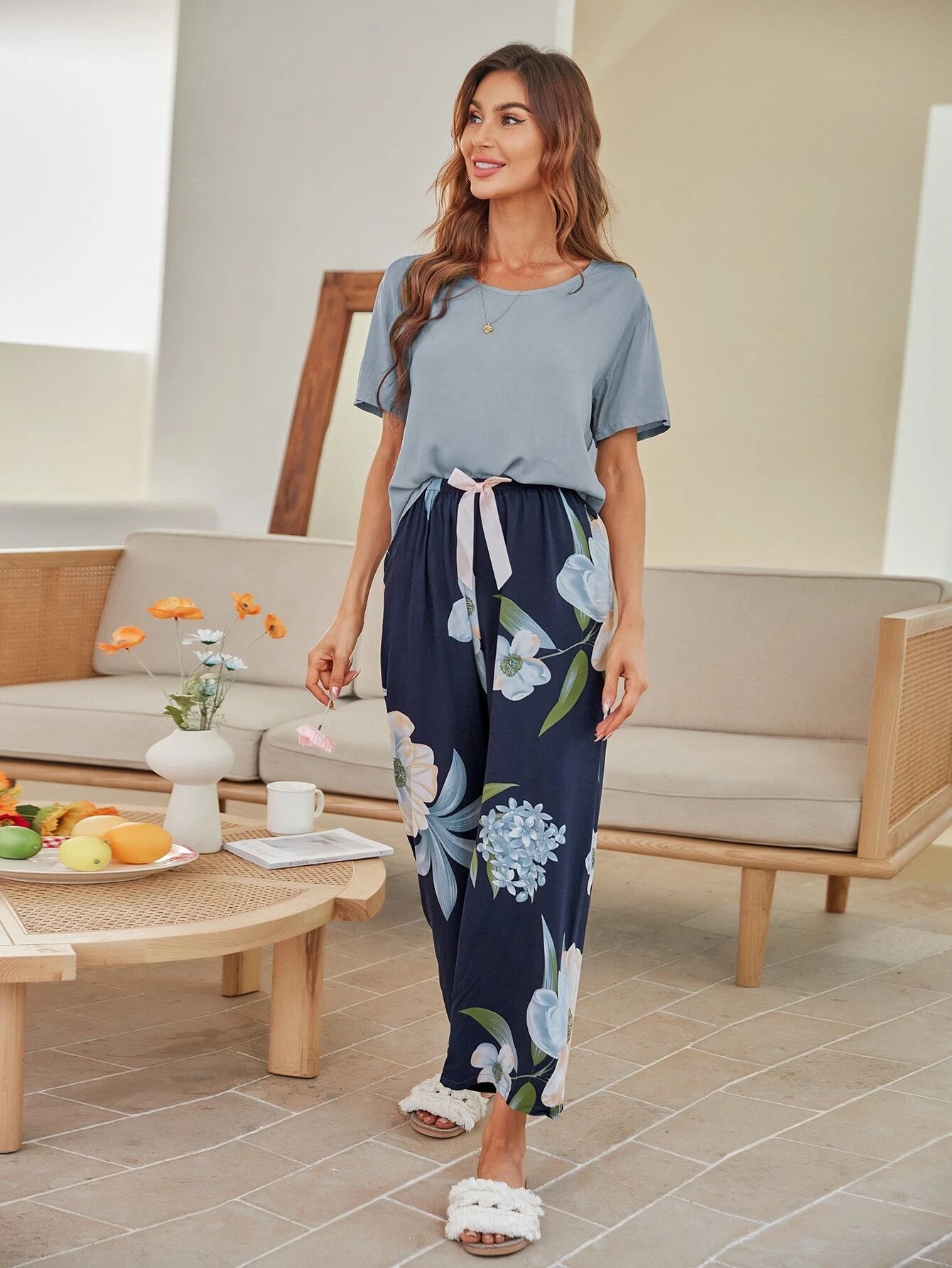 Floral Print Knot Front Pants PJ Set