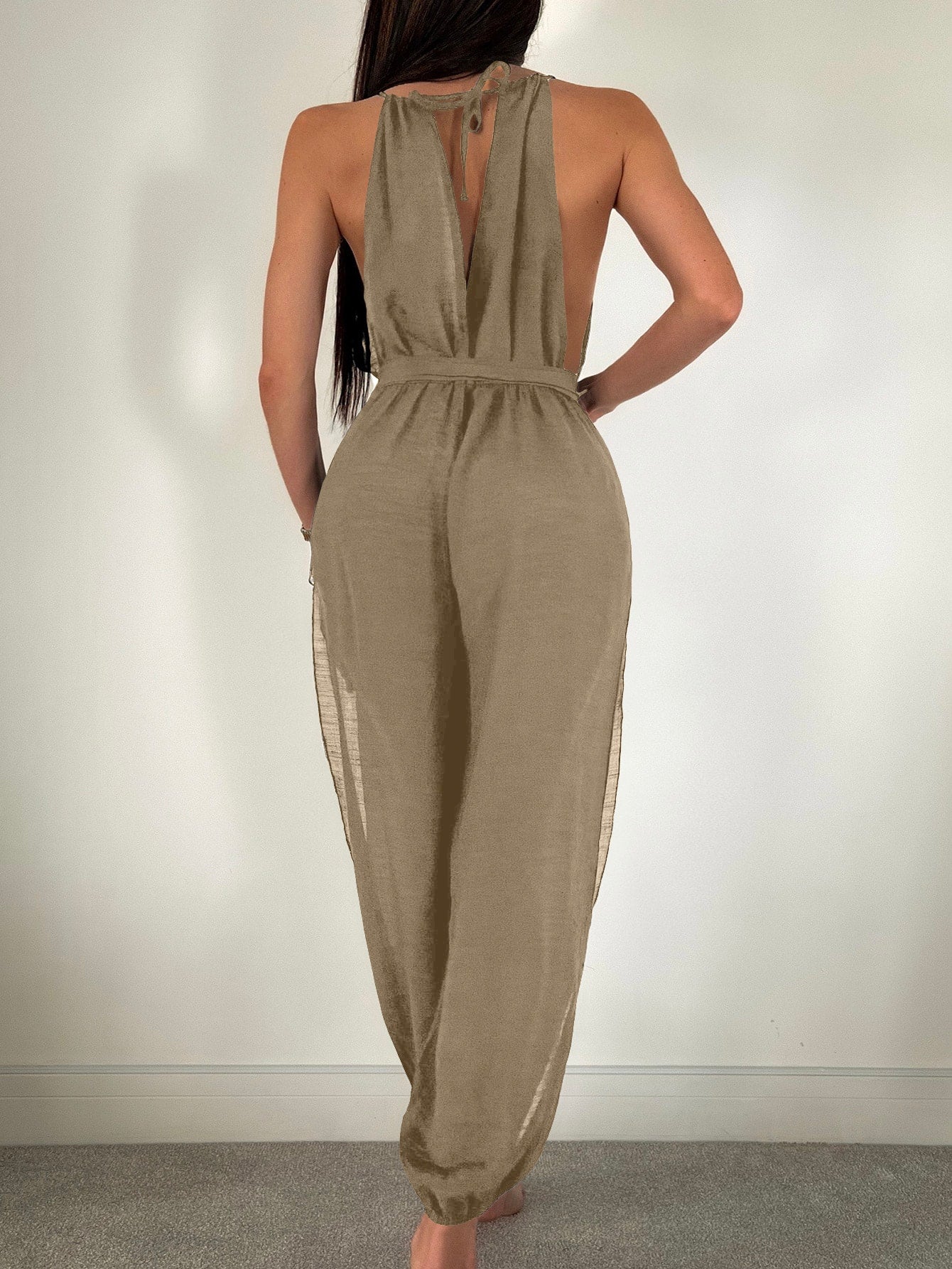 SHEIN Swim Chicsea Solid Split Thigh Belted Halter Neck Cover Up Jumpsuit