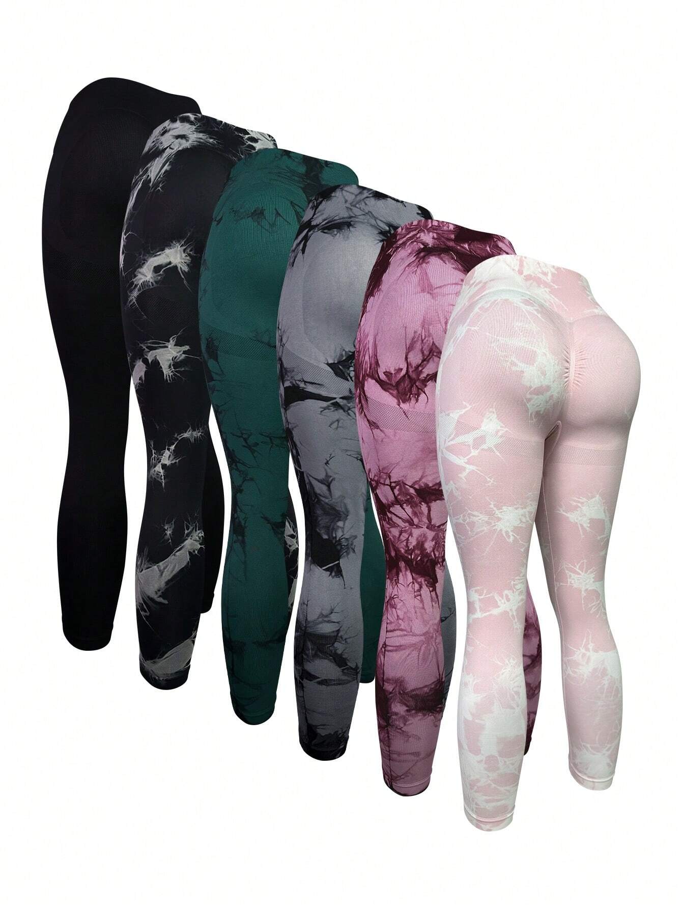 Sport Studio 6pcs Tie Dye Wideband Waist Sports Leggings Hot Pink