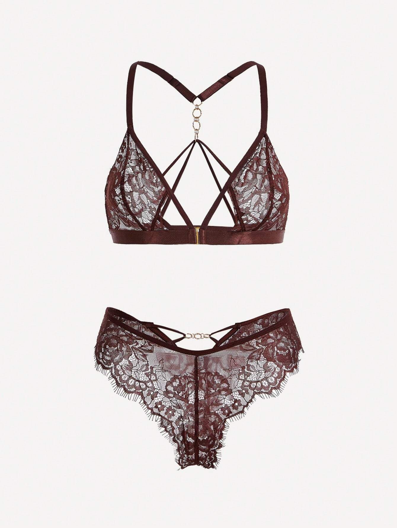 Classic Sexy Eyelash Lace Ring Linked Lingerie Set