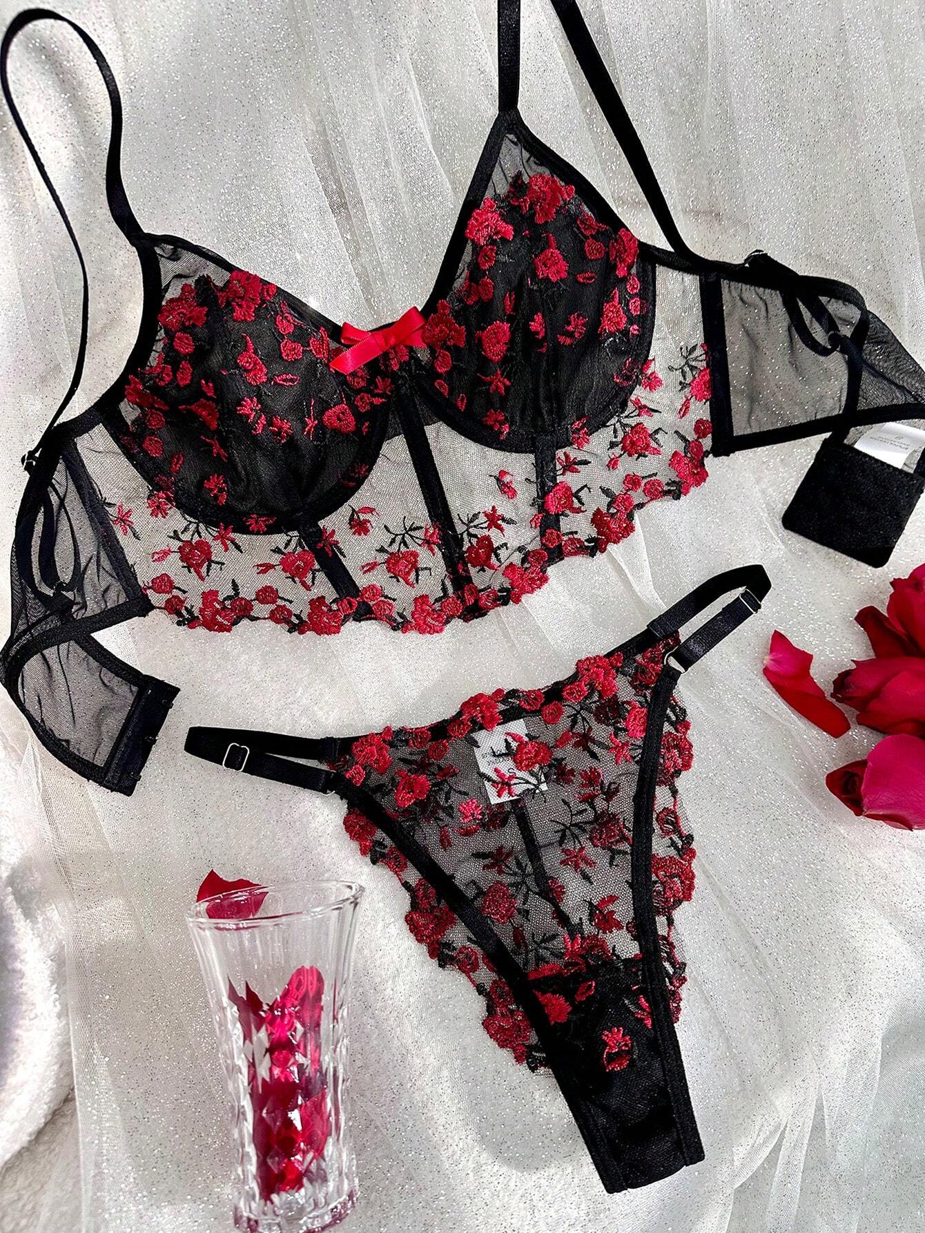 Floral Embroidery Mesh Underwire Bra &amp; Panty Lingerie Set