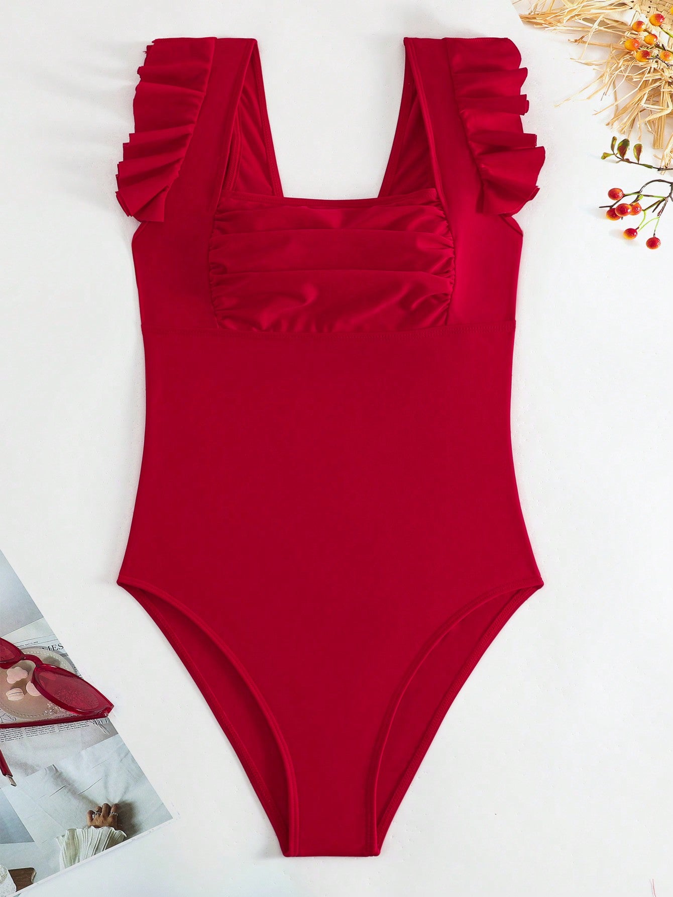 View Outfits SHEIN SHEIN Swim Chicsea Ruffle Trim Ruched Bust One Piece Swimsuit