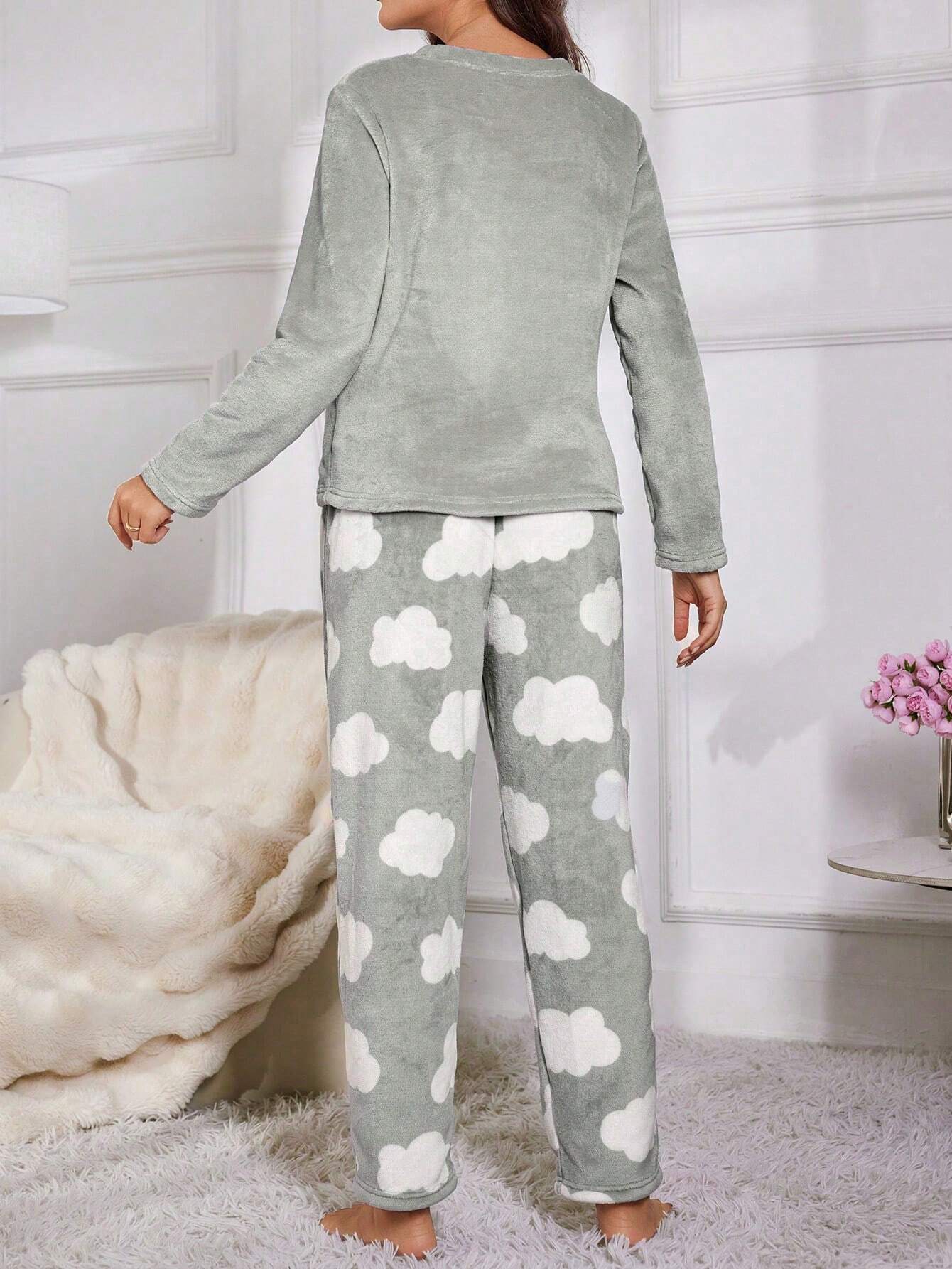 Eyelash Embroidery Flannel Long Sleeve Pajama Set