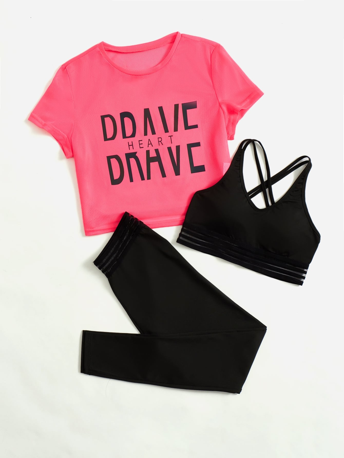 Yoga Trendy 3pcs Fitness Letter Graphic Workout Outfits Set Sports Set Criss Cross Sports Bra Round Neck Tee Striped Waist Leggings