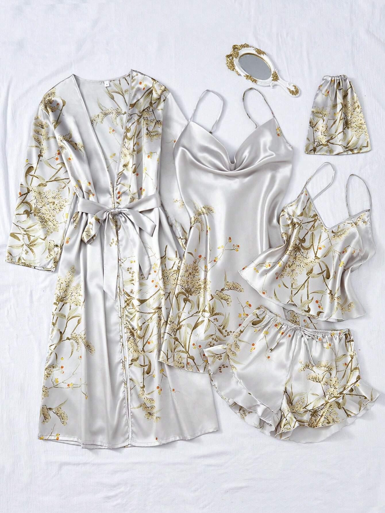 LuxeNights 5pcs/Set Silk-Like Flower Print Camisole Top &amp; Shorts &amp; Dress &amp; Robe &amp; Storage Bag