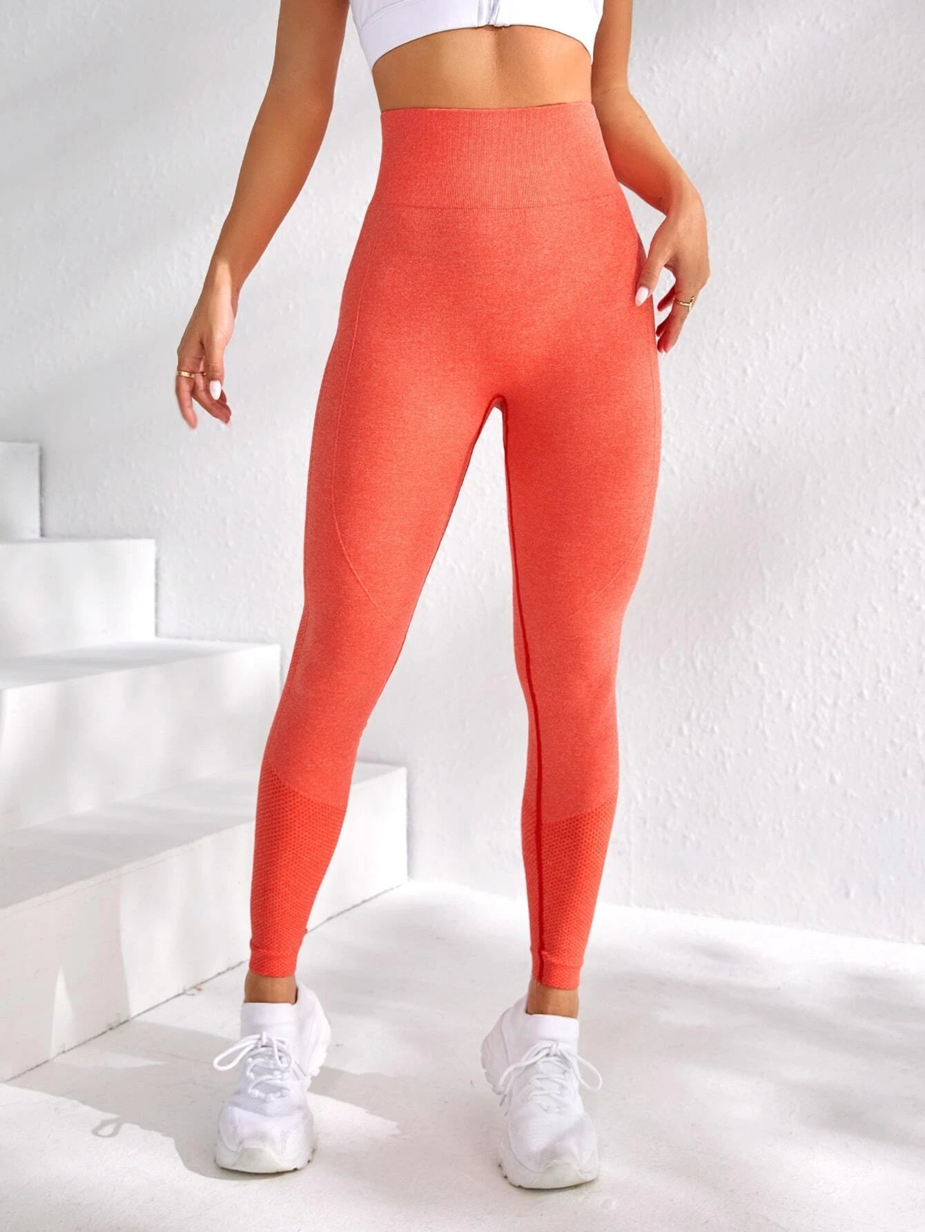 Yoga Basic Yoga Leggings Seamless Slight Stretch Bubble Butt Push Up Tummy Control Gym Leggings Coral Orange