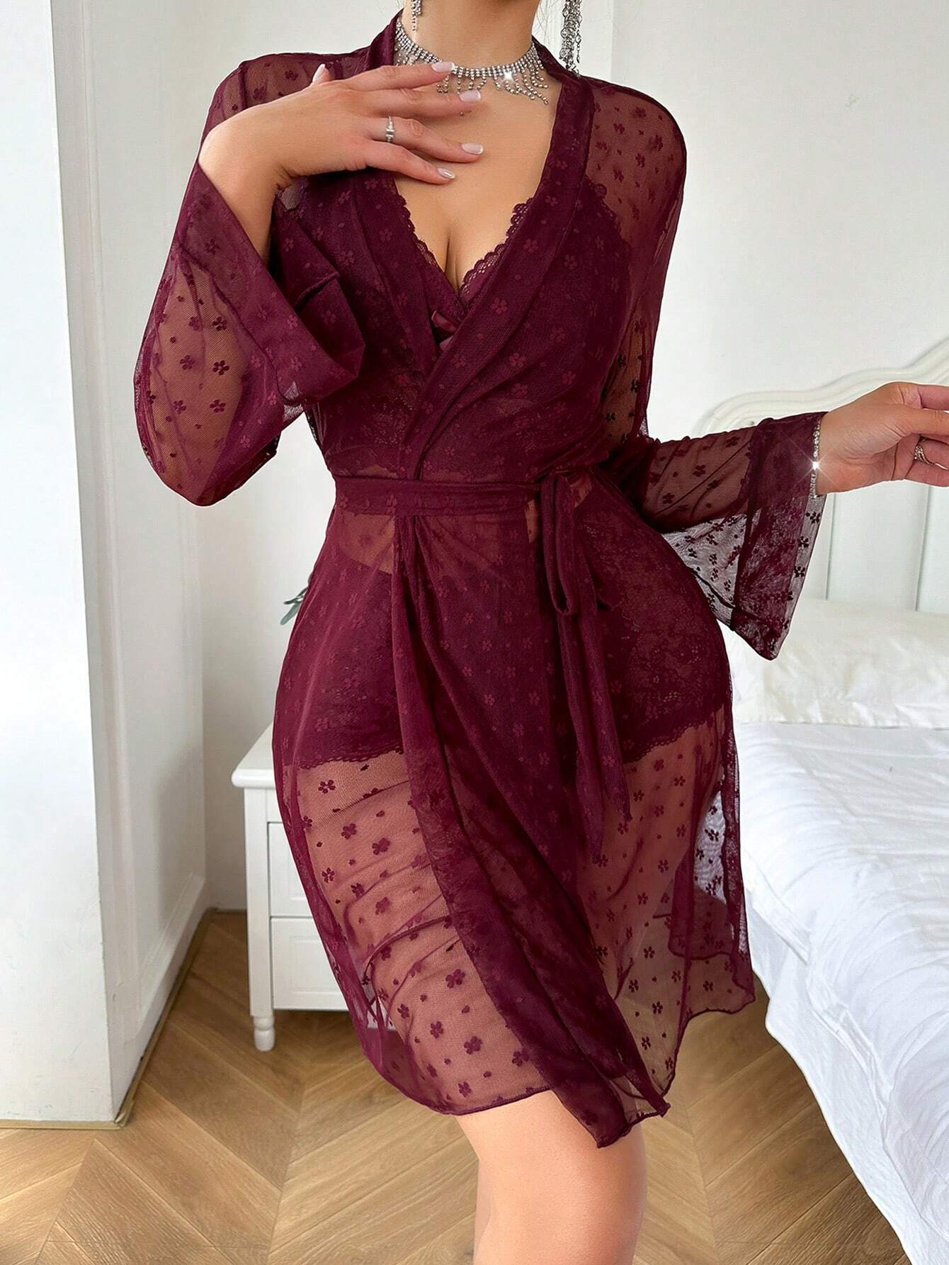 Women's Lace &amp; Bowknot Decor Pajama Set