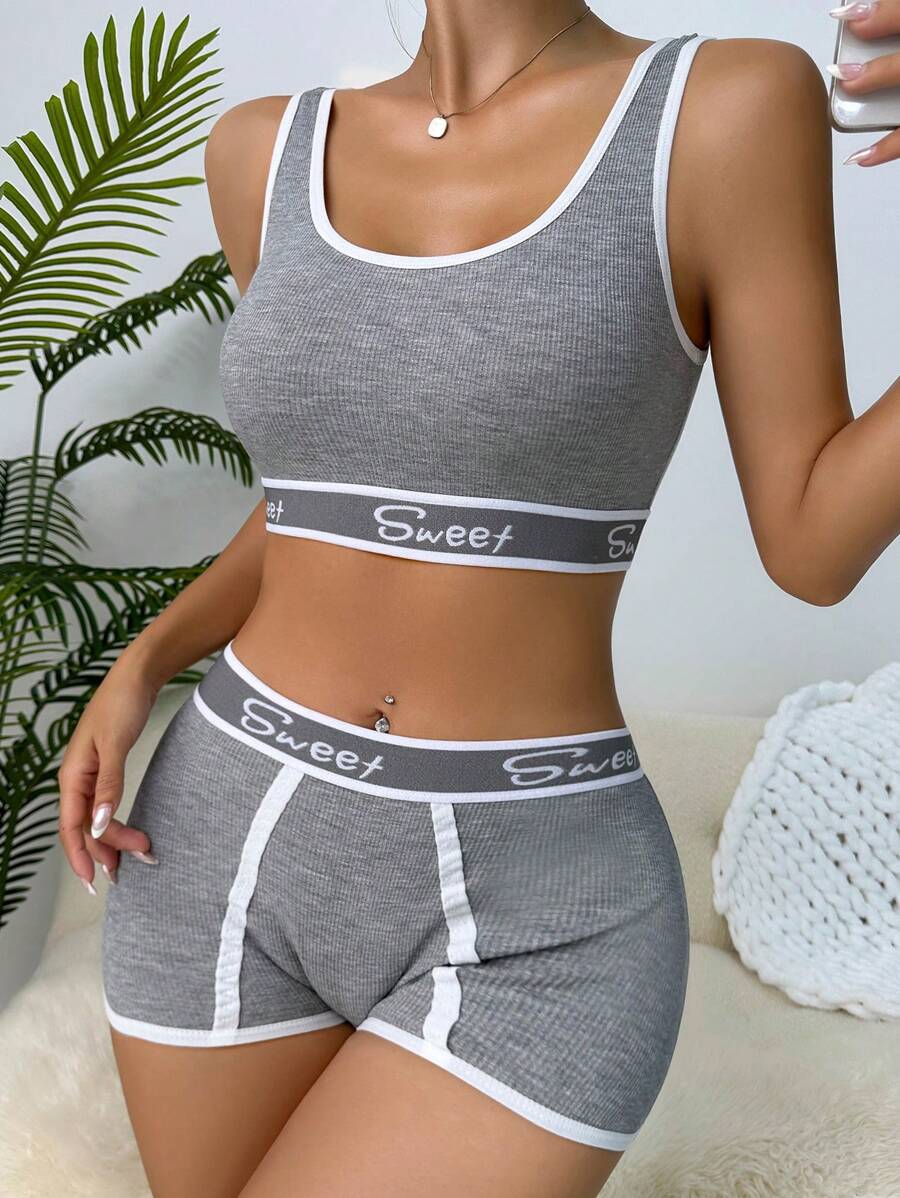 Letter Graphic Contrast Binding Lingerie Set Light Grey
