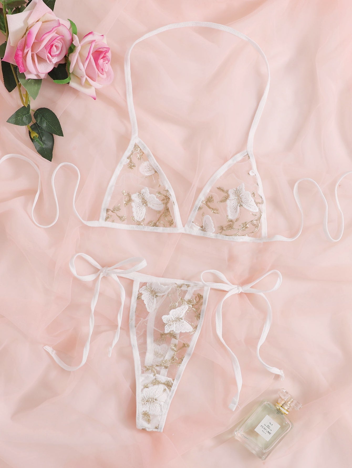 Floral Embroidered Mesh Triangle Lingerie Set