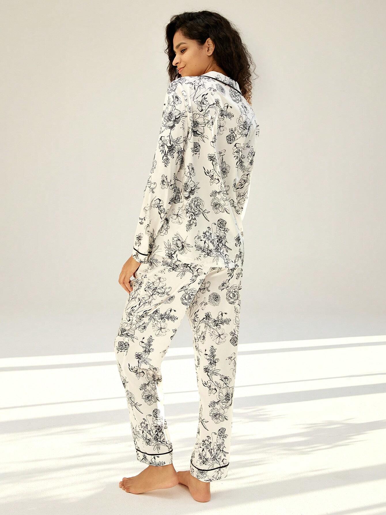 LUVLETTE Floral Pattern Satin Long Pajama Sets