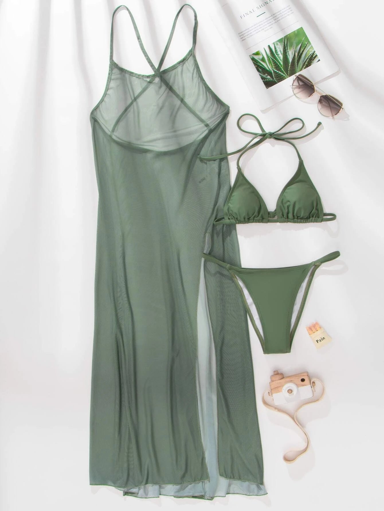 Plain Halter Triangle Bikini Swimsuit With Cover Up Army Green