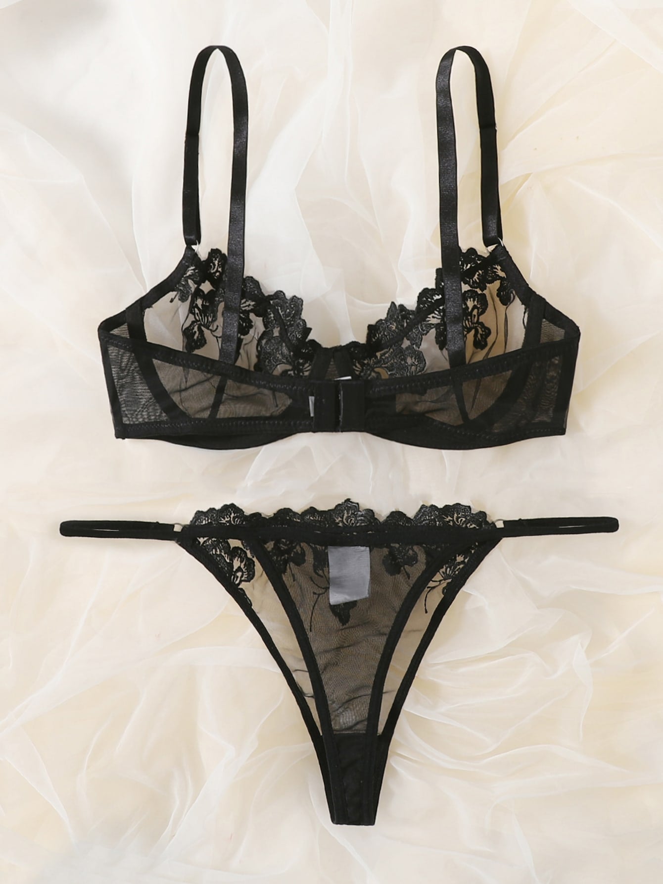 Floral Embroidery Mesh Underwire Lingerie Set