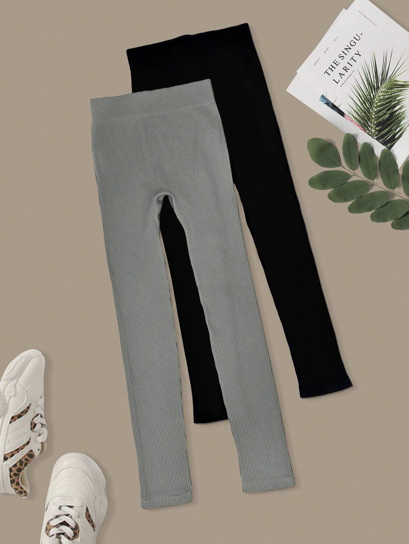 Yoga Basic 2pcs Solid Ribbed Knit Sports Leggings Workout Leggings Spandex