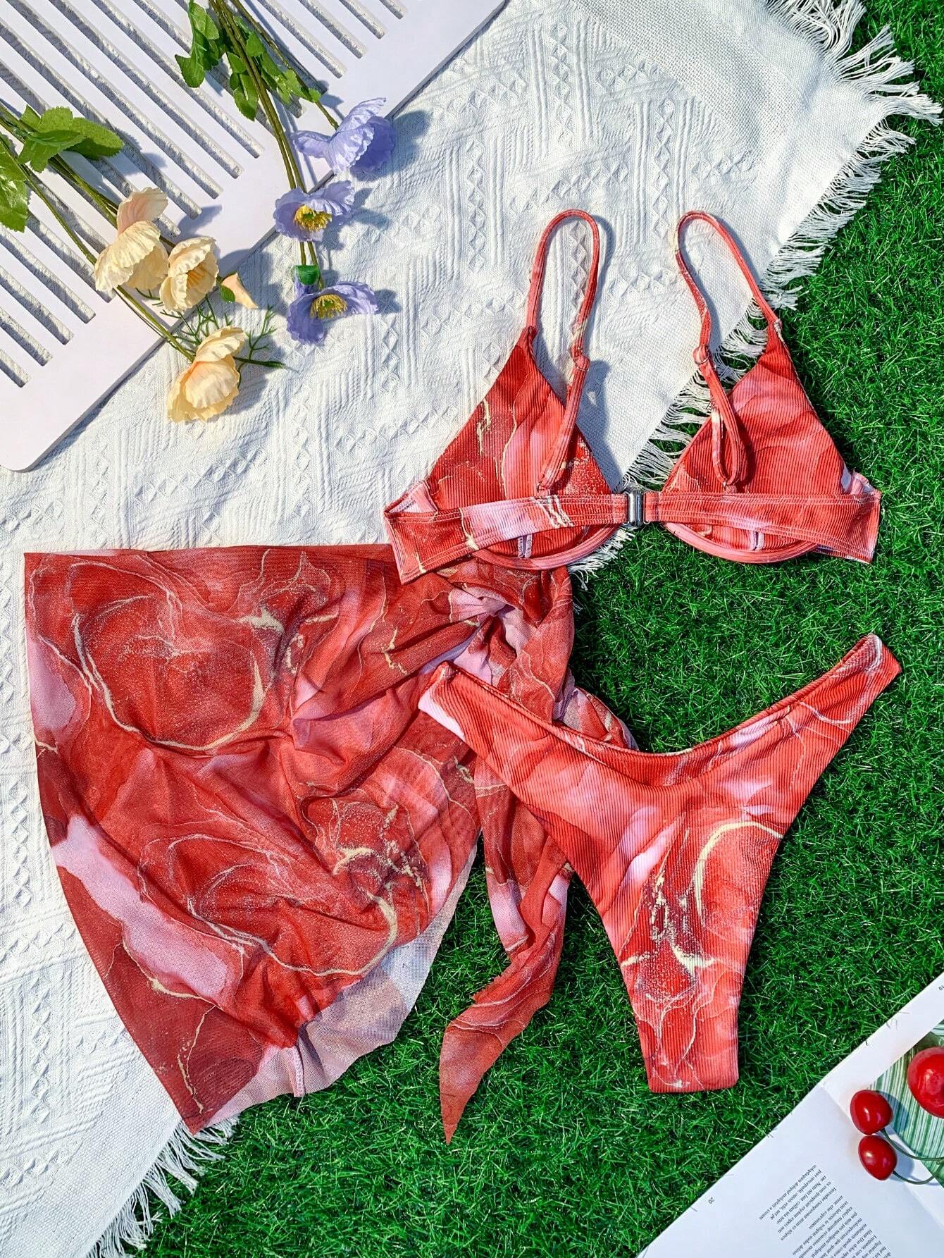 Swim Vcay Marble Print Ribbed Bikini Set Underwire Cami Bra &amp; Cheeky Bottom &amp; Beach Skirt 3 Piece Bathing Suit