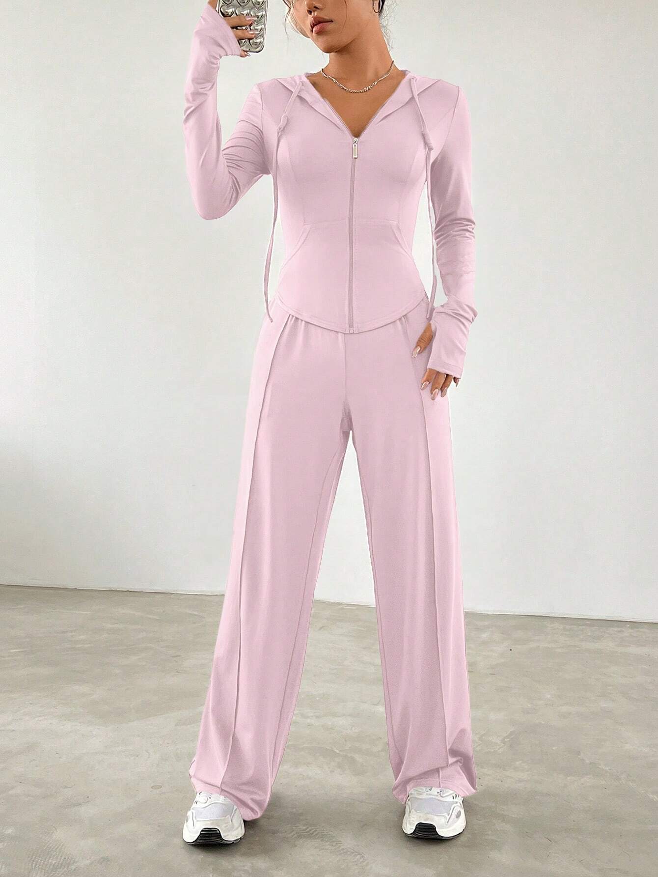 EZwear Tight-Fitting Zipper Hoodie And Straight Pants Casual Sports Suit Pink