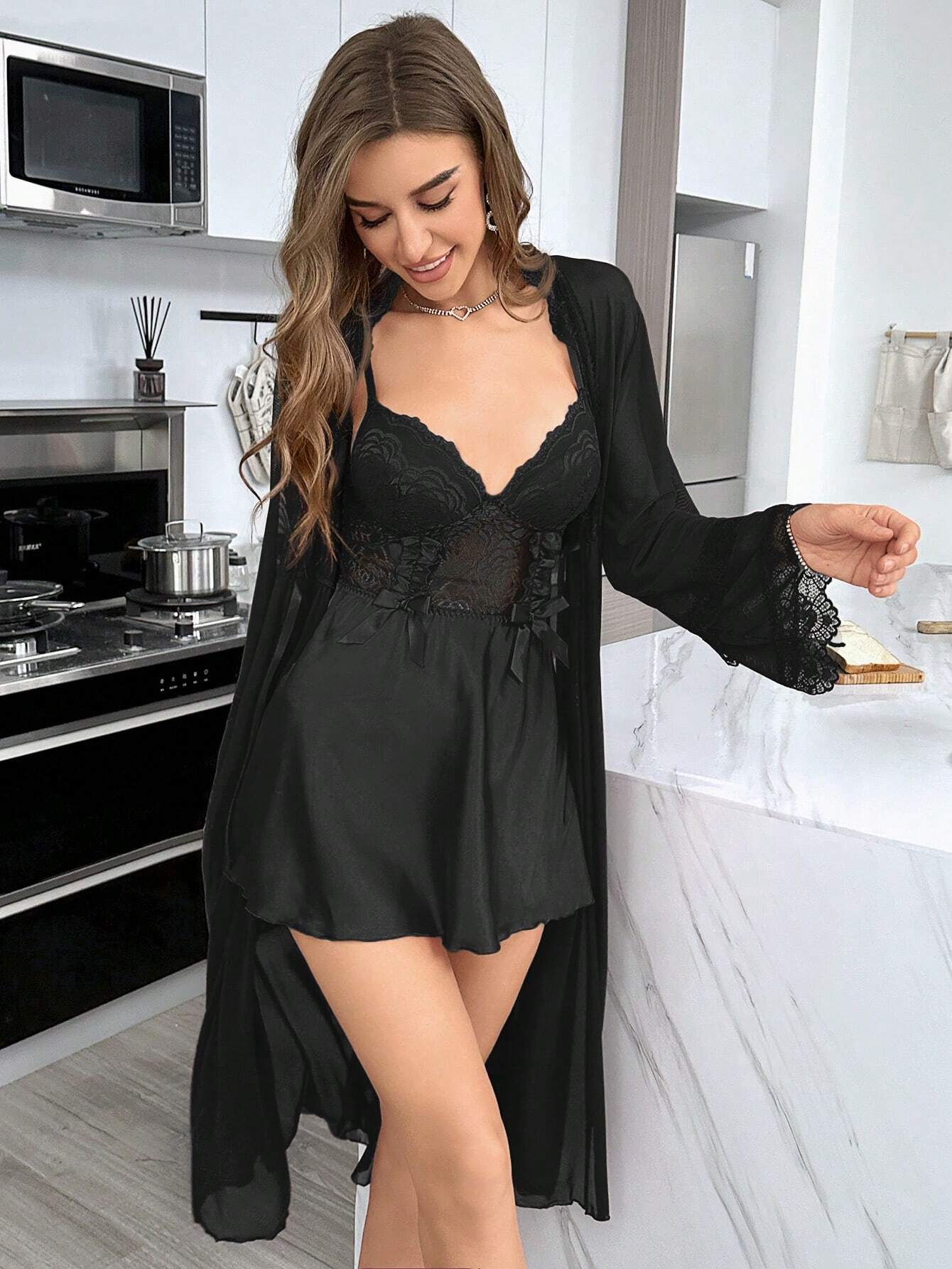 Women Spliced Lace Long Sleeve Robe And Cami Dress Sexy Sleepwear Set Pajama Set