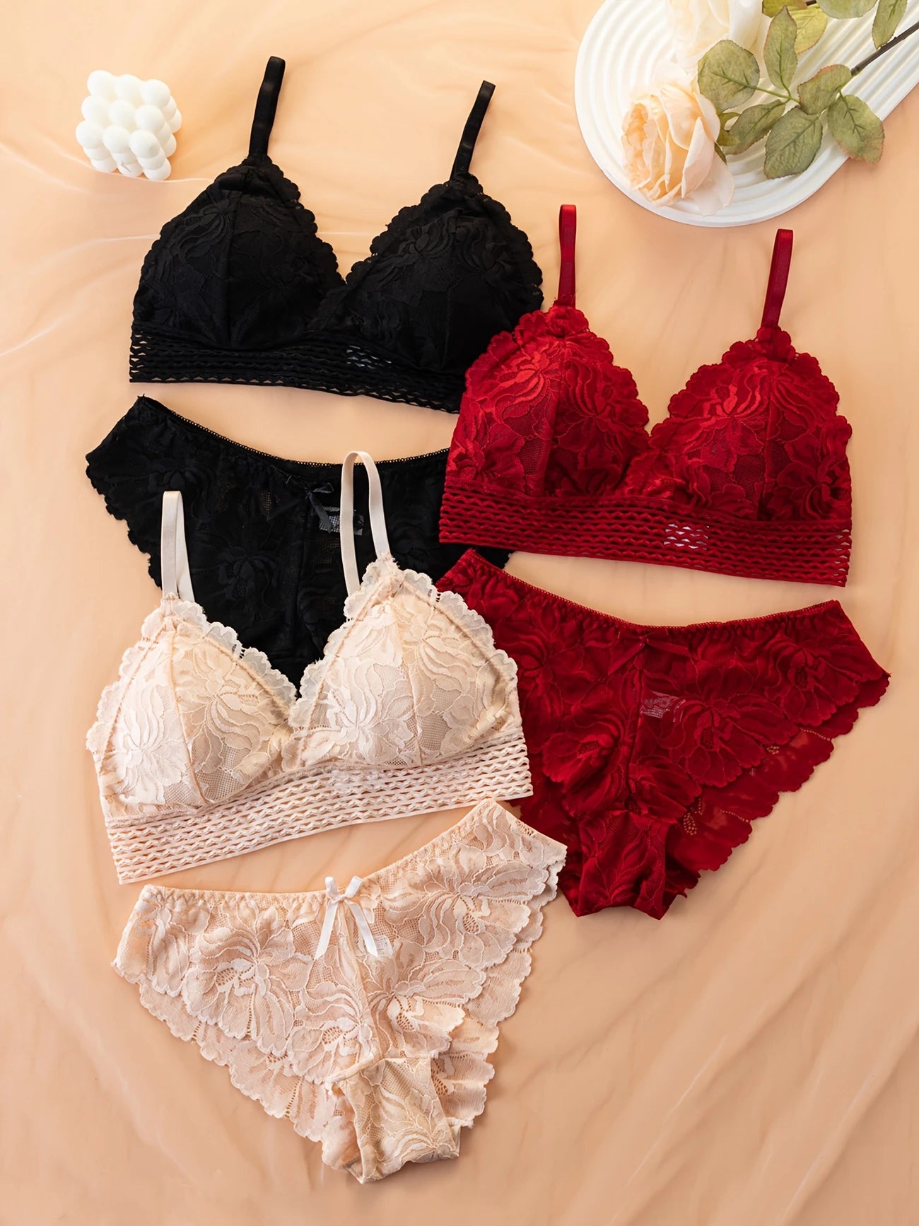 3 Set Solid Lace Elegant Bra & Panty Mixed Color 2
