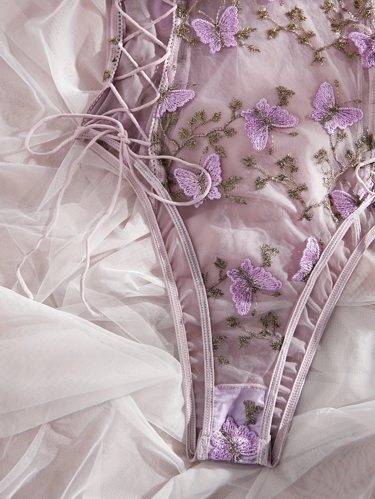 Elegant Butterfly Embroidered Teddy Bear Bodysuit with Deep V-Back and Thong Bottom