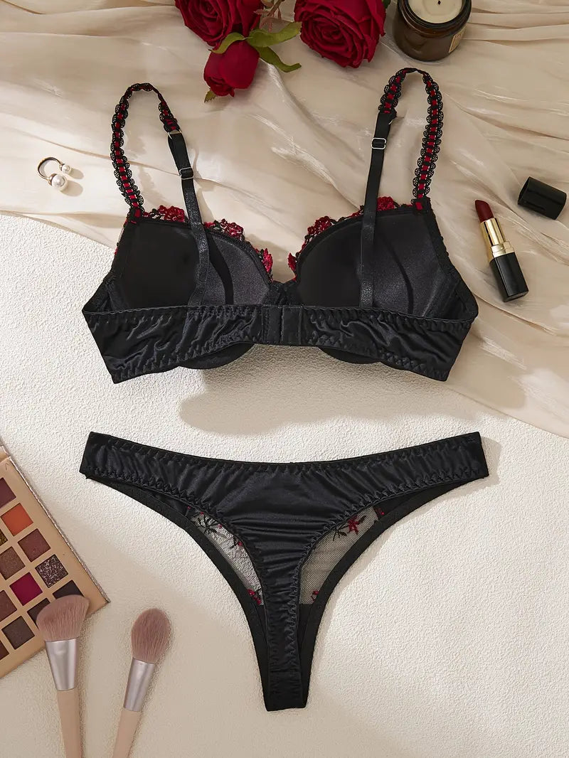 Floral Embroidered Lingerie Set, High Support Push Up Bra & Tin Triangle Panties