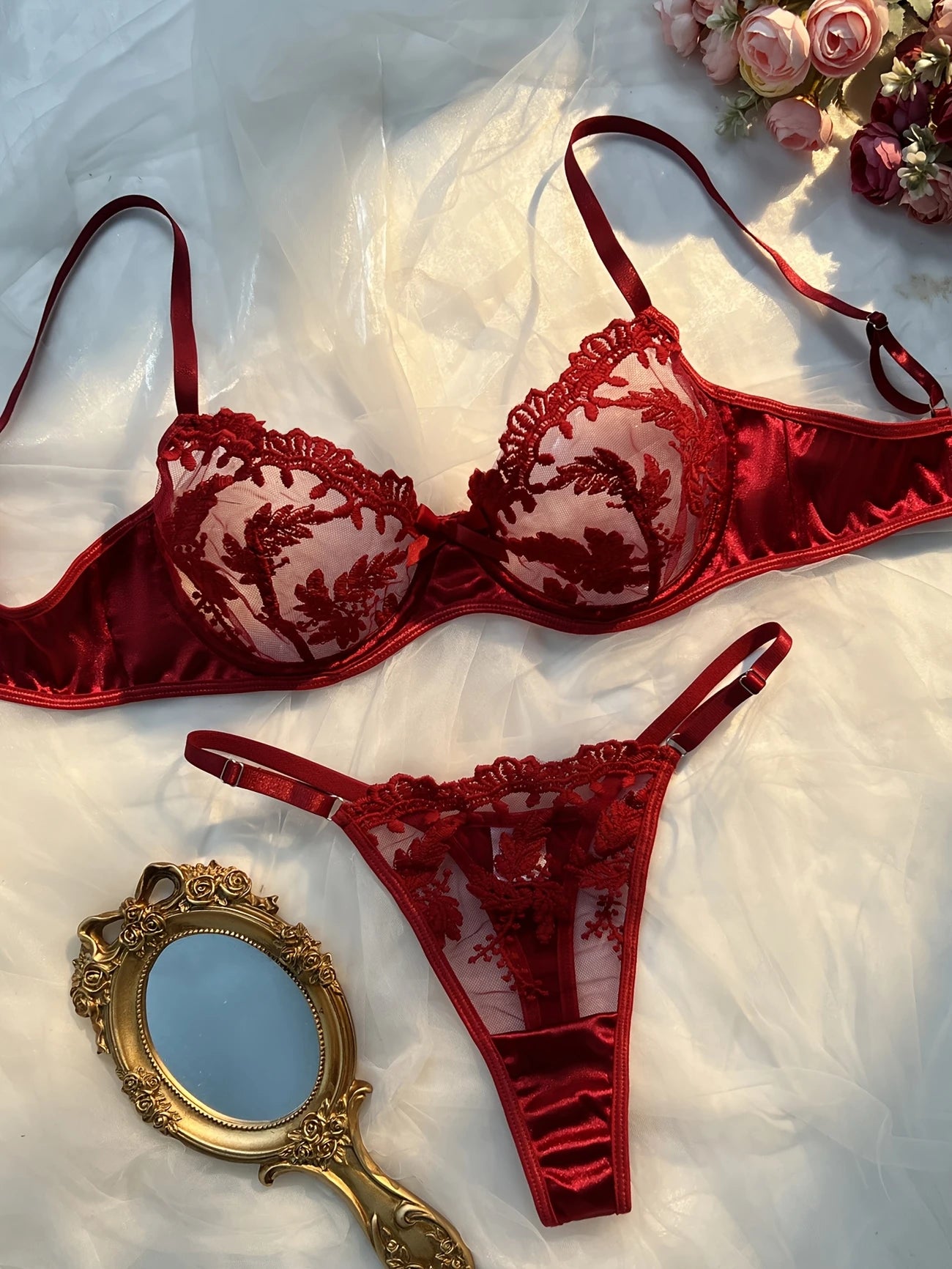 Elegant Embroidered Lingerie Set Burgundy
