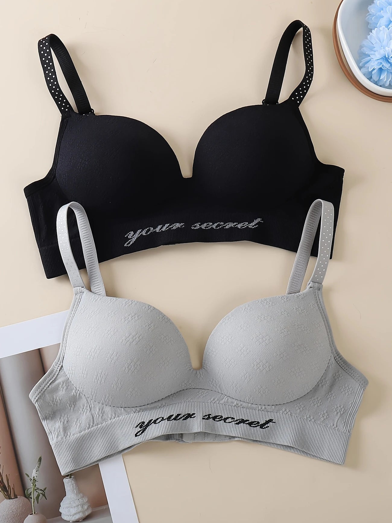 2pcs Elegant Push-Up Bralettes Black & Gray