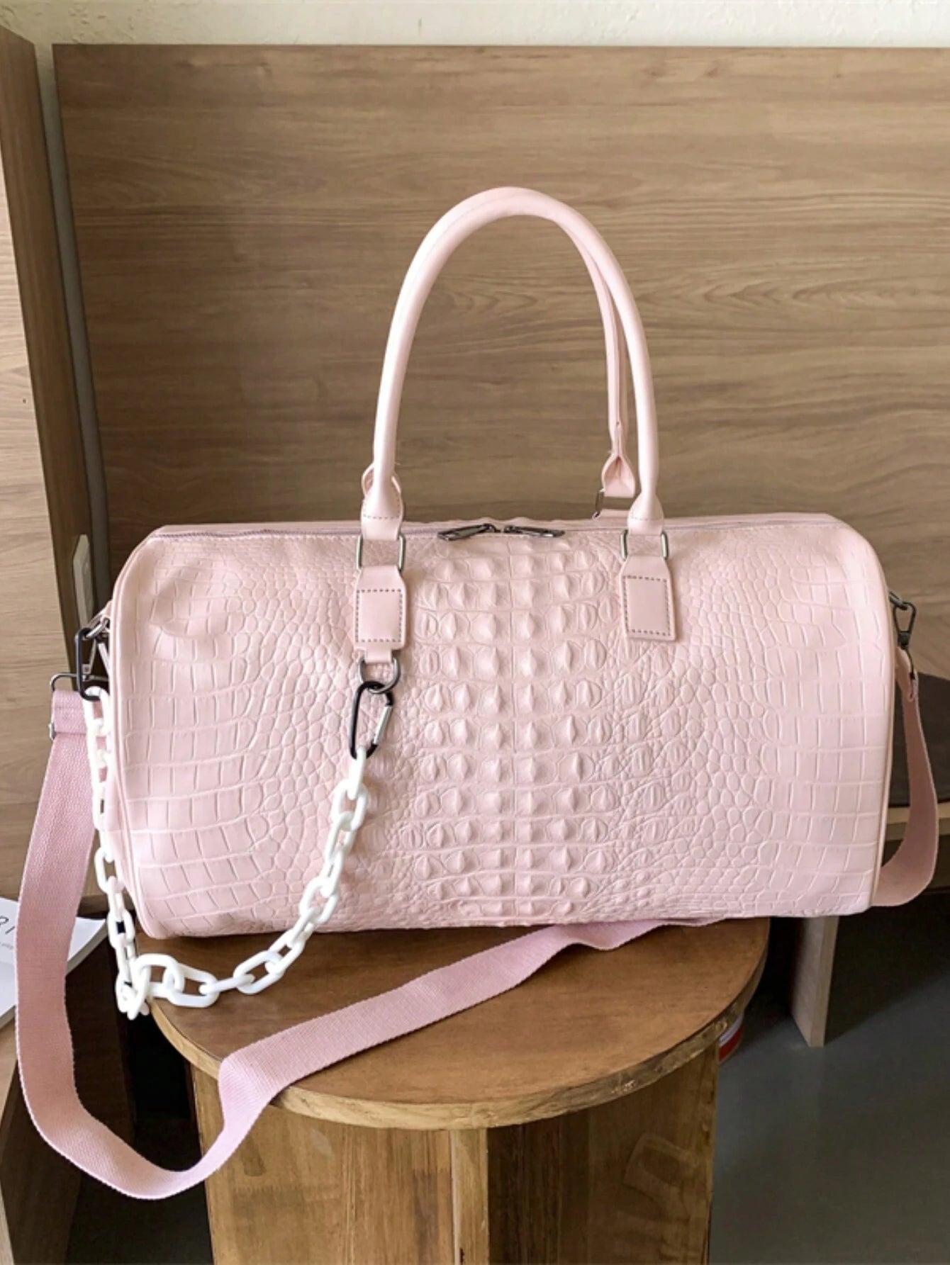 Large Capacity Fashion Printed Luggage Bag, Suitable For Men &amp; Women's Fitness, Travel, Outdoor Sports Storage Bag Baby Pink