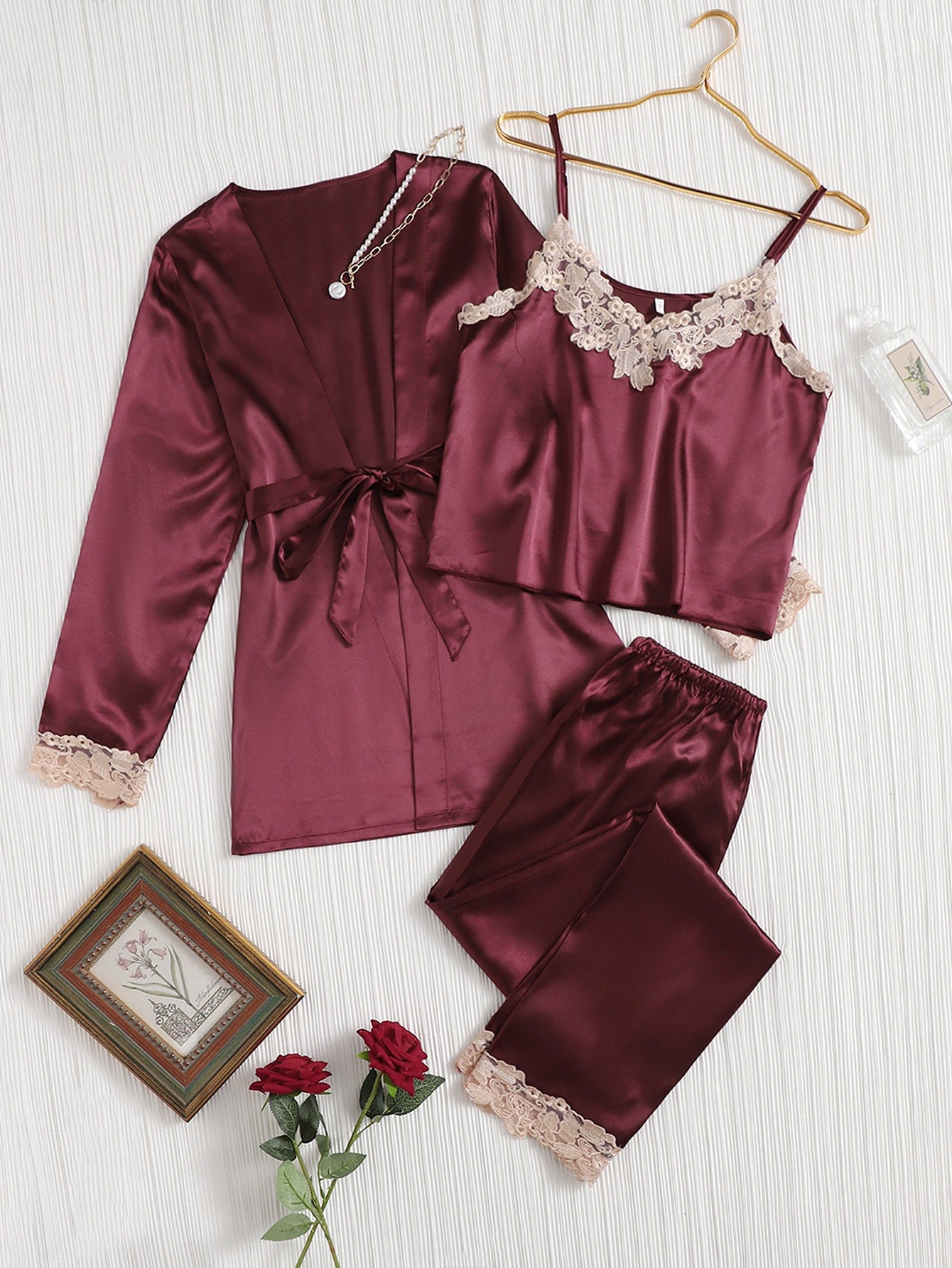 3pcs Embroidered Mesh Trim Belted Satin PJ Set