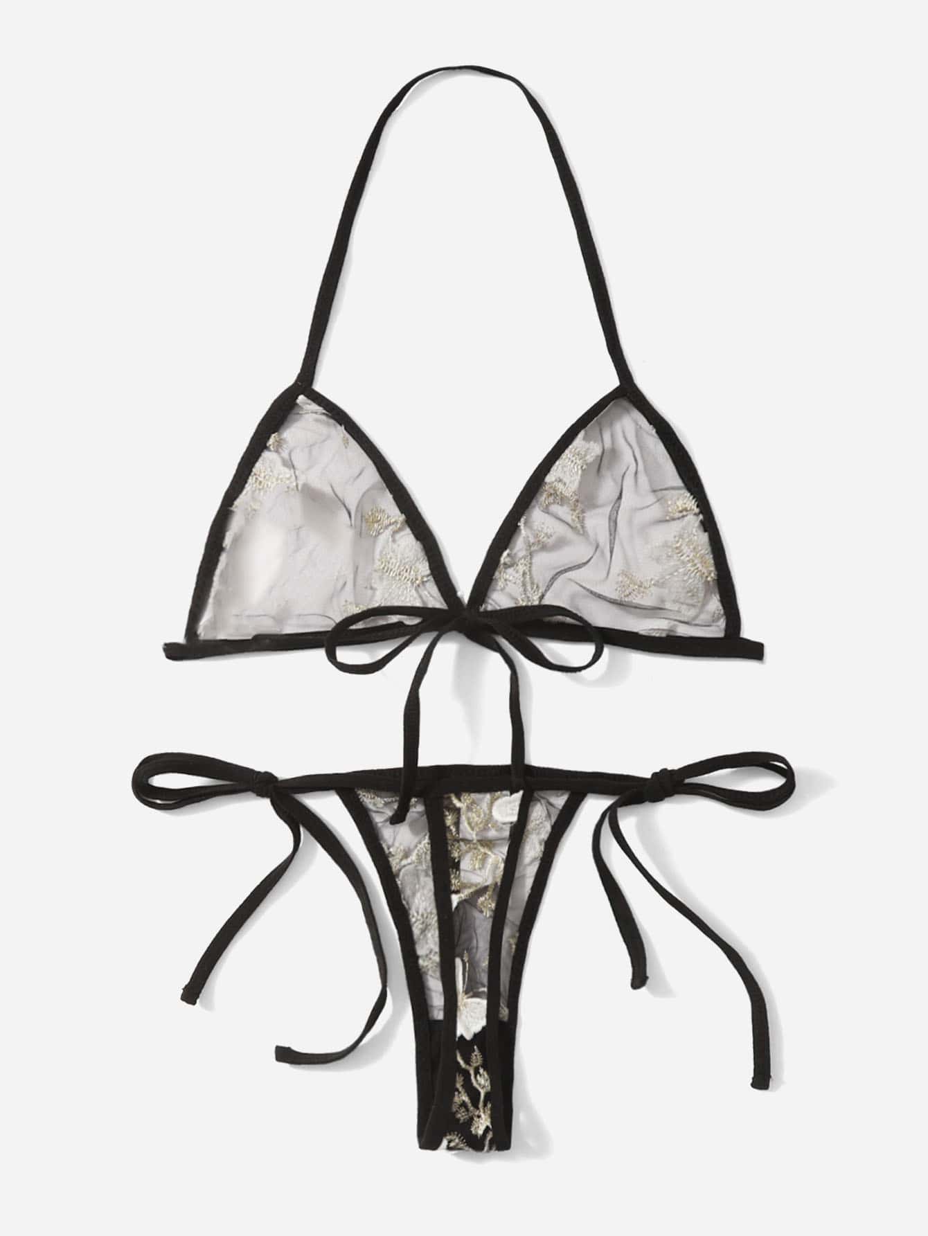 Floral Embroidered Mesh Triangle Lingerie Set