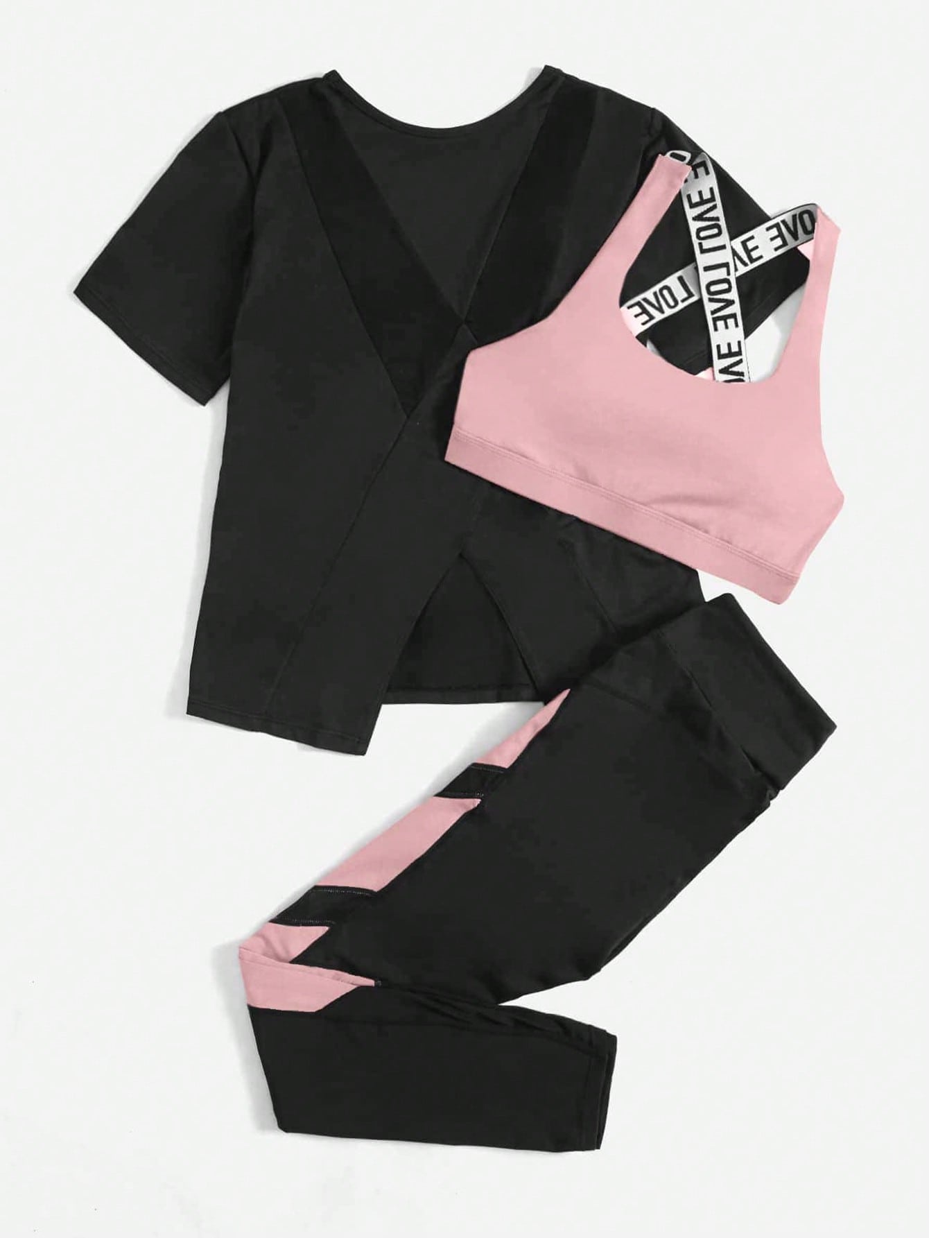 Yoga Future 3pcs Contrast Letter Tape Colorblock Asymmetrical Hem Sports Set