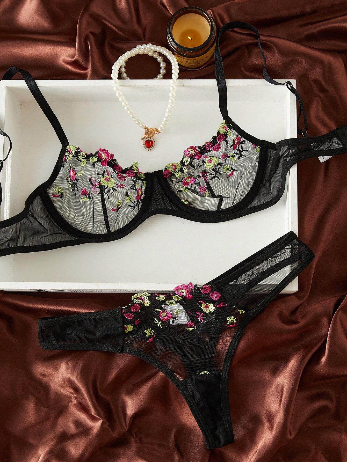 Floral Embroidery Mesh Underwire Lingerie Set