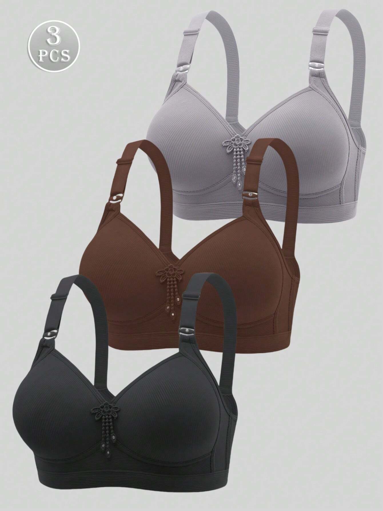 3pcs Women's Solid Color Wireless Comfortable Breathable Push-Up Bra