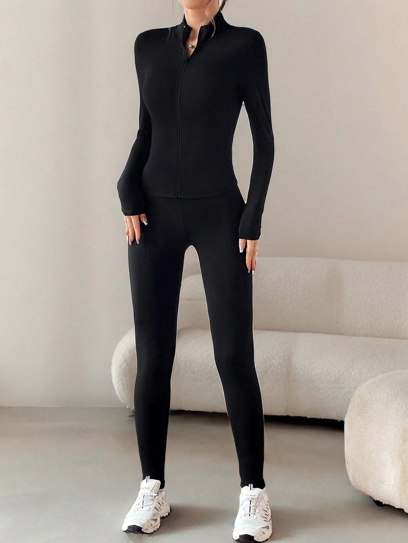 EZwear Black Two Piece Set Sportswear Zip Up Jacket &amp; Leggings