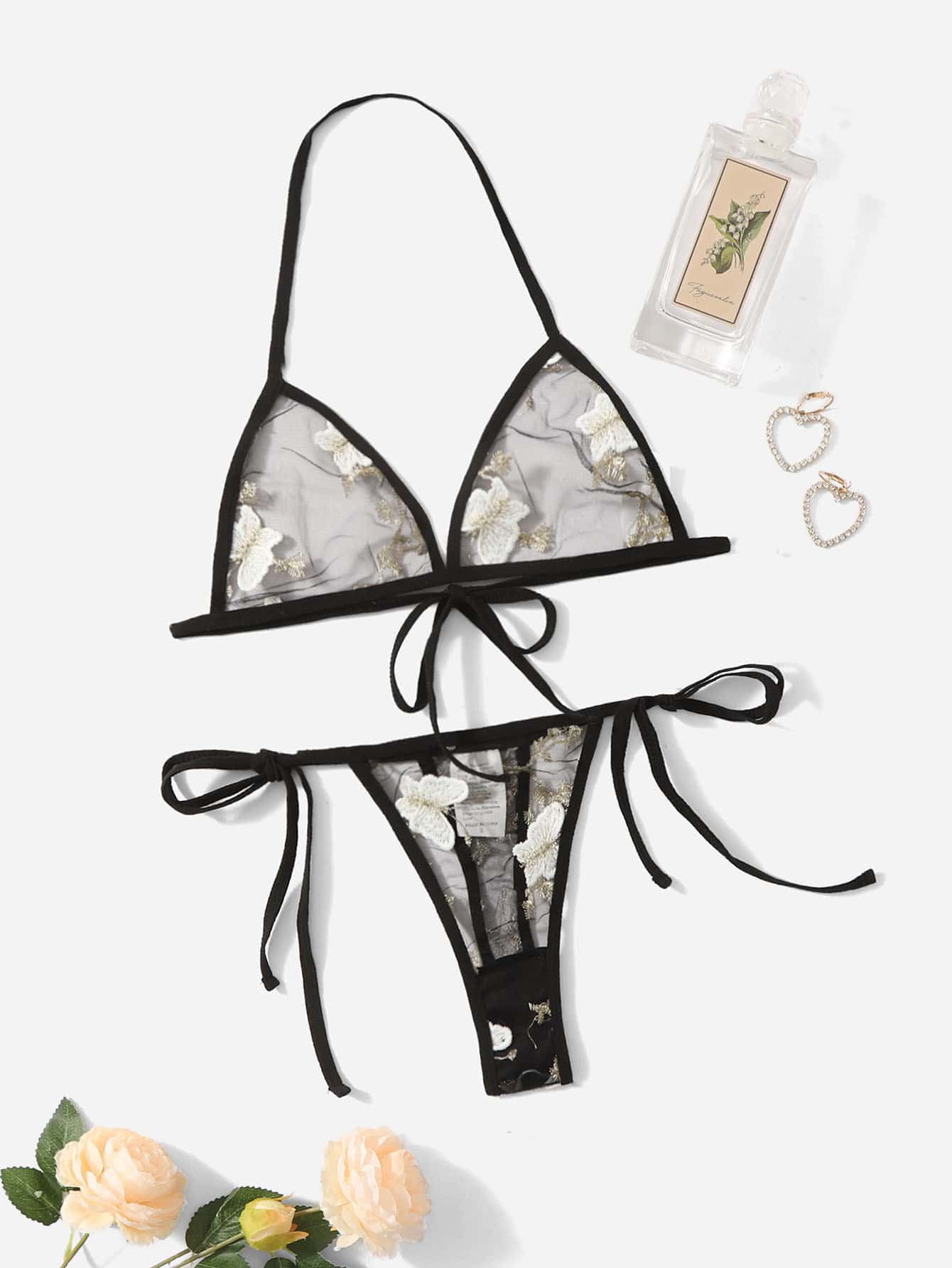 Floral Embroidered Mesh Triangle Lingerie Set