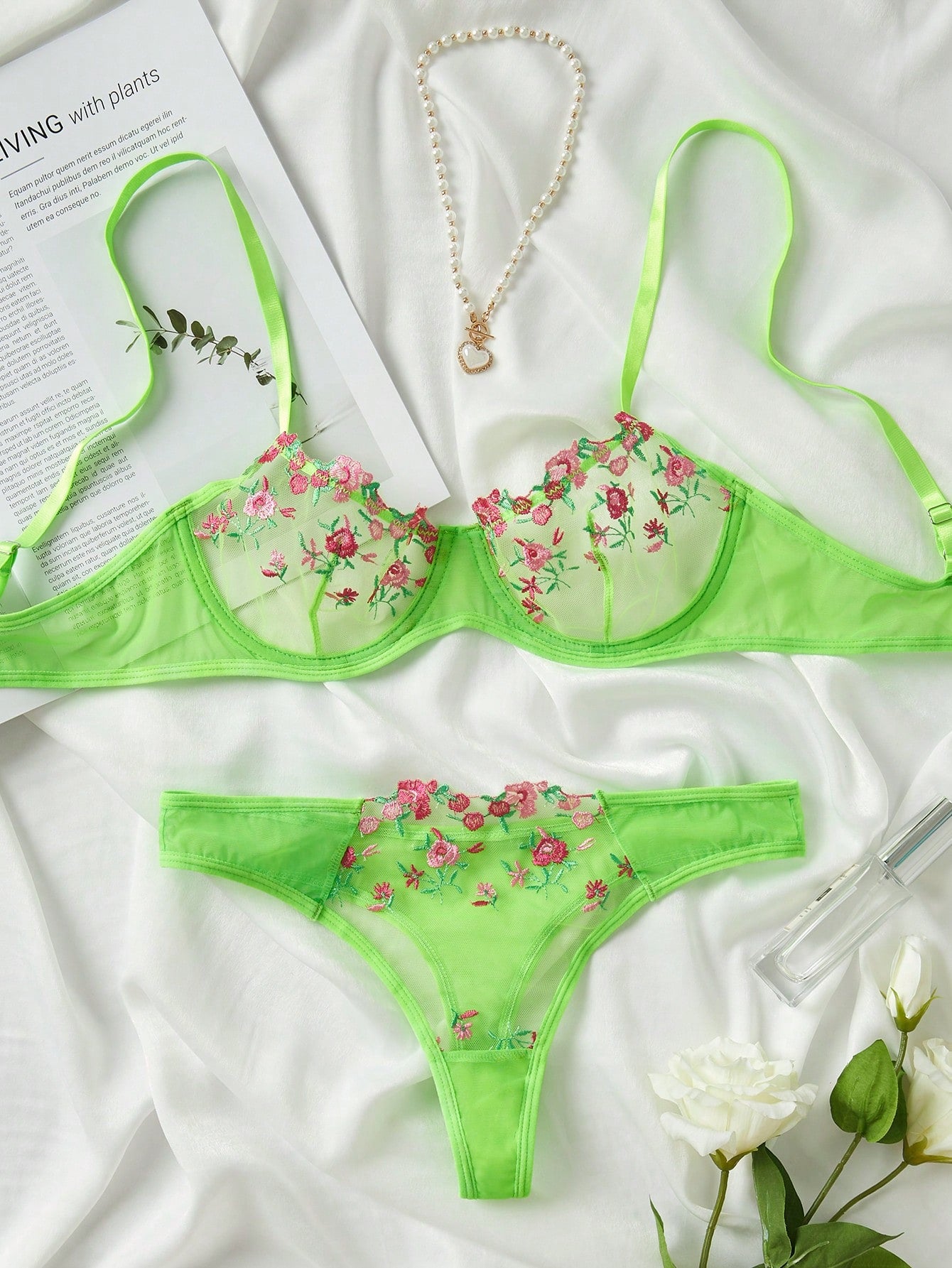 Floral Embroidery Mesh Underwire Lingerie Set