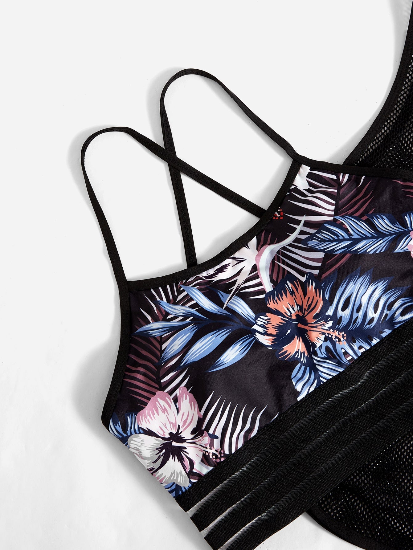 Yoga Trendy 3pcs Soft Tropical Print Daily Suit Casual Outfits Set Mesh Top Crisscross Back Bra &amp; Leggings