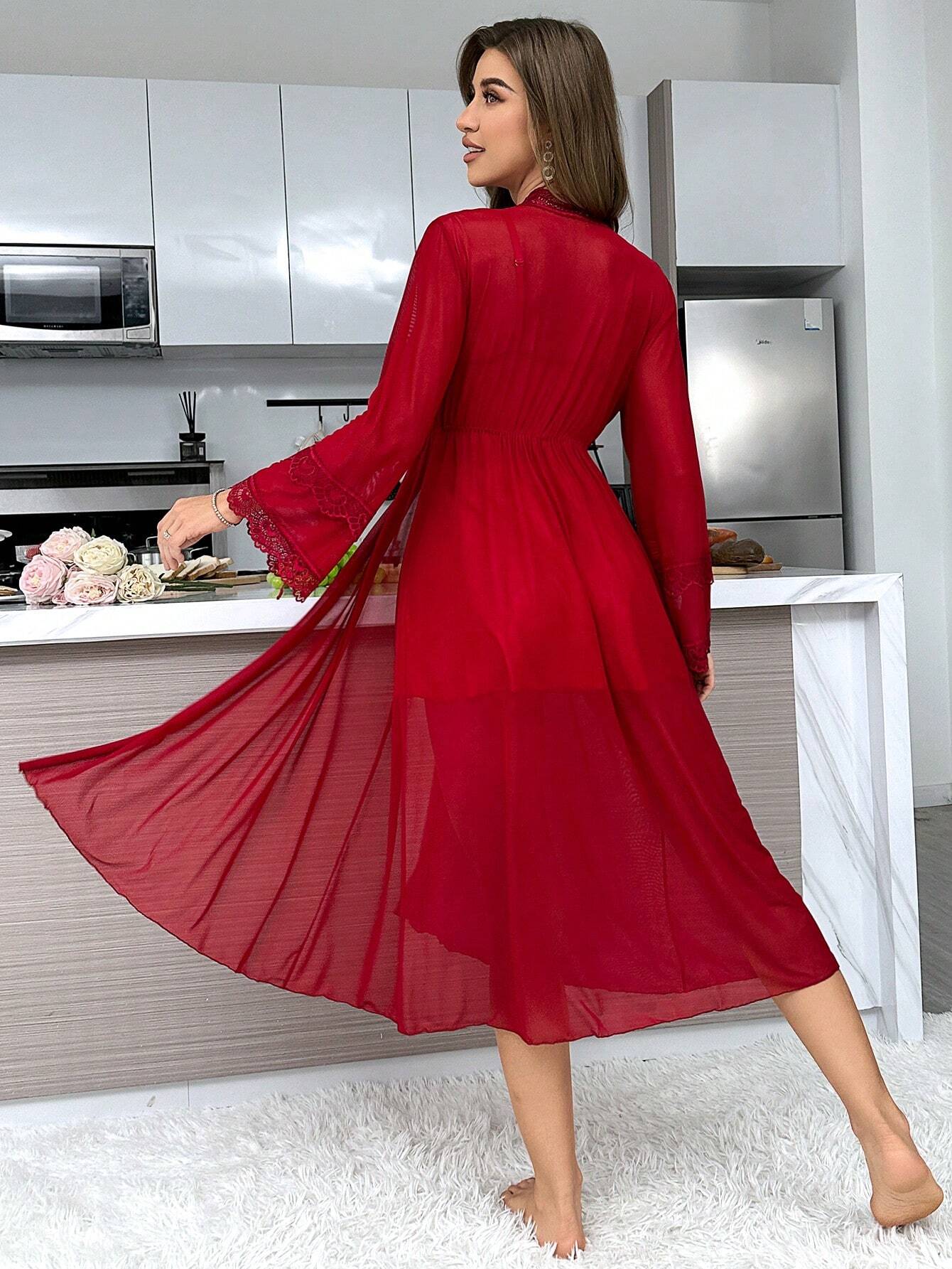 Women Spliced Lace Long Sleeve Robe And Cami Dress Sexy Sleepwear Set Pajama Set