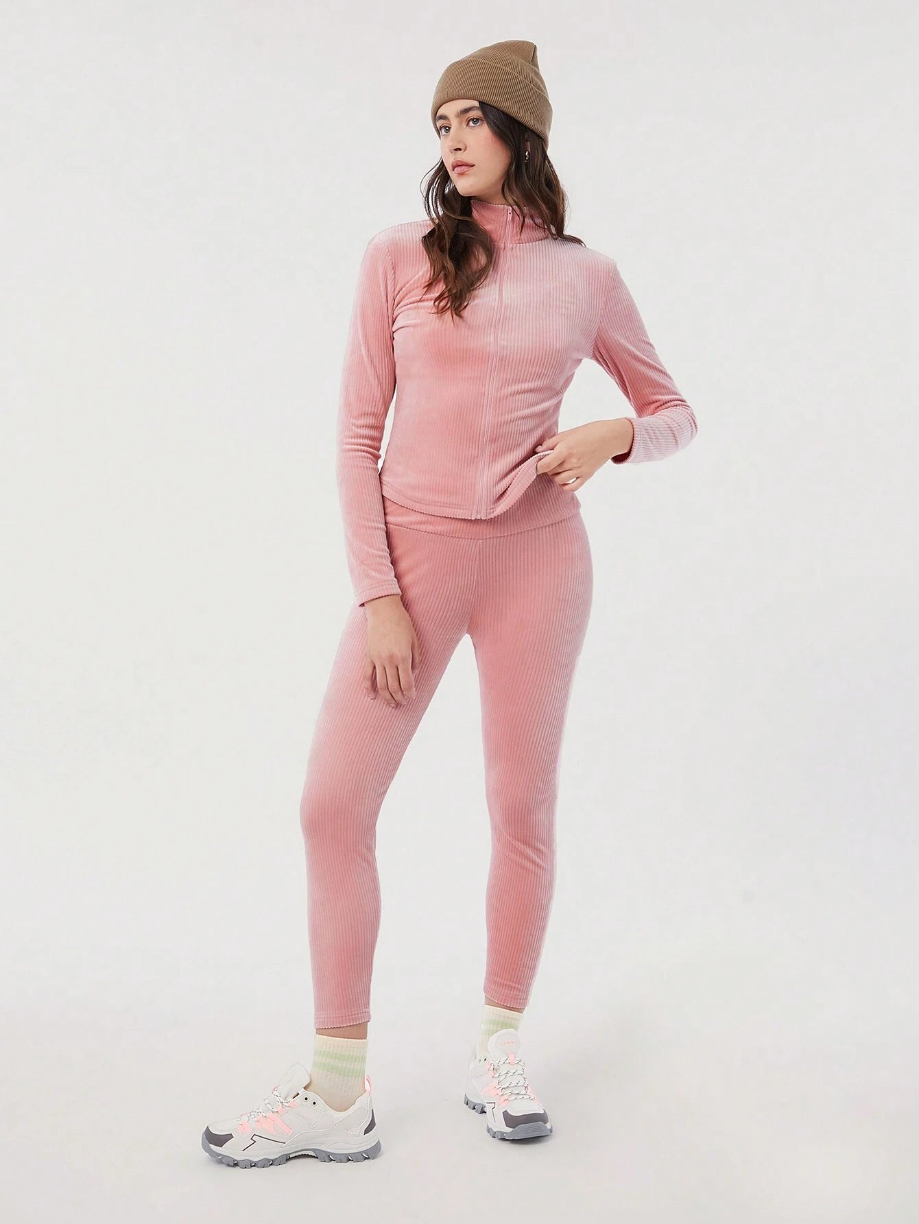 EZwear Ladies' Zipper Half Placket Long Sleeve T-Shirt And Leggings Set