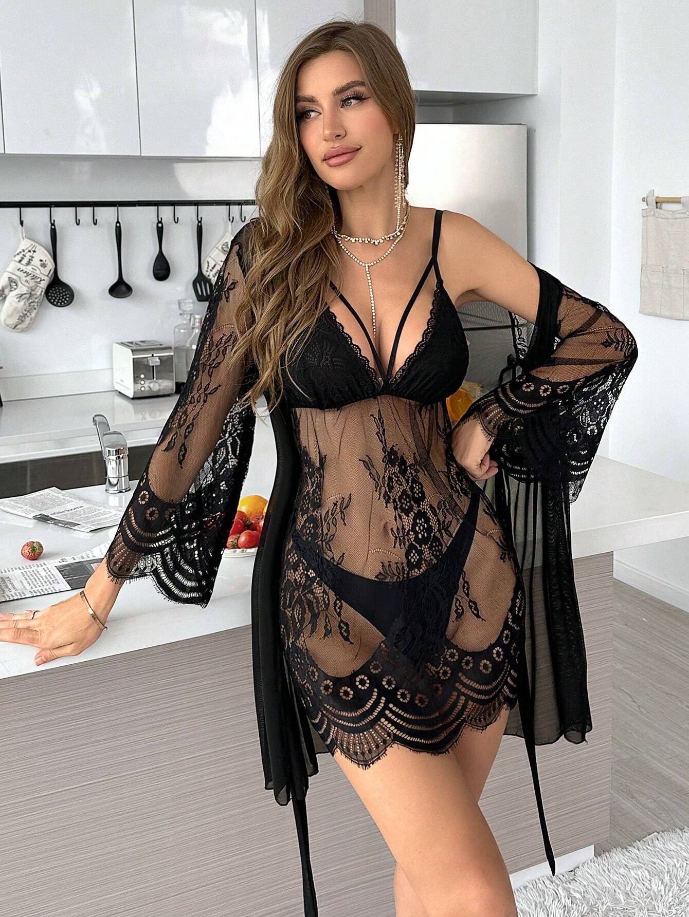 Ladies' Sexy Lace &amp; Mesh Perspective Robe And Strap Dress Set