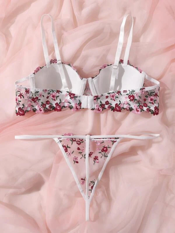 Floral Embroidered Mesh Underwire Lingerie Set