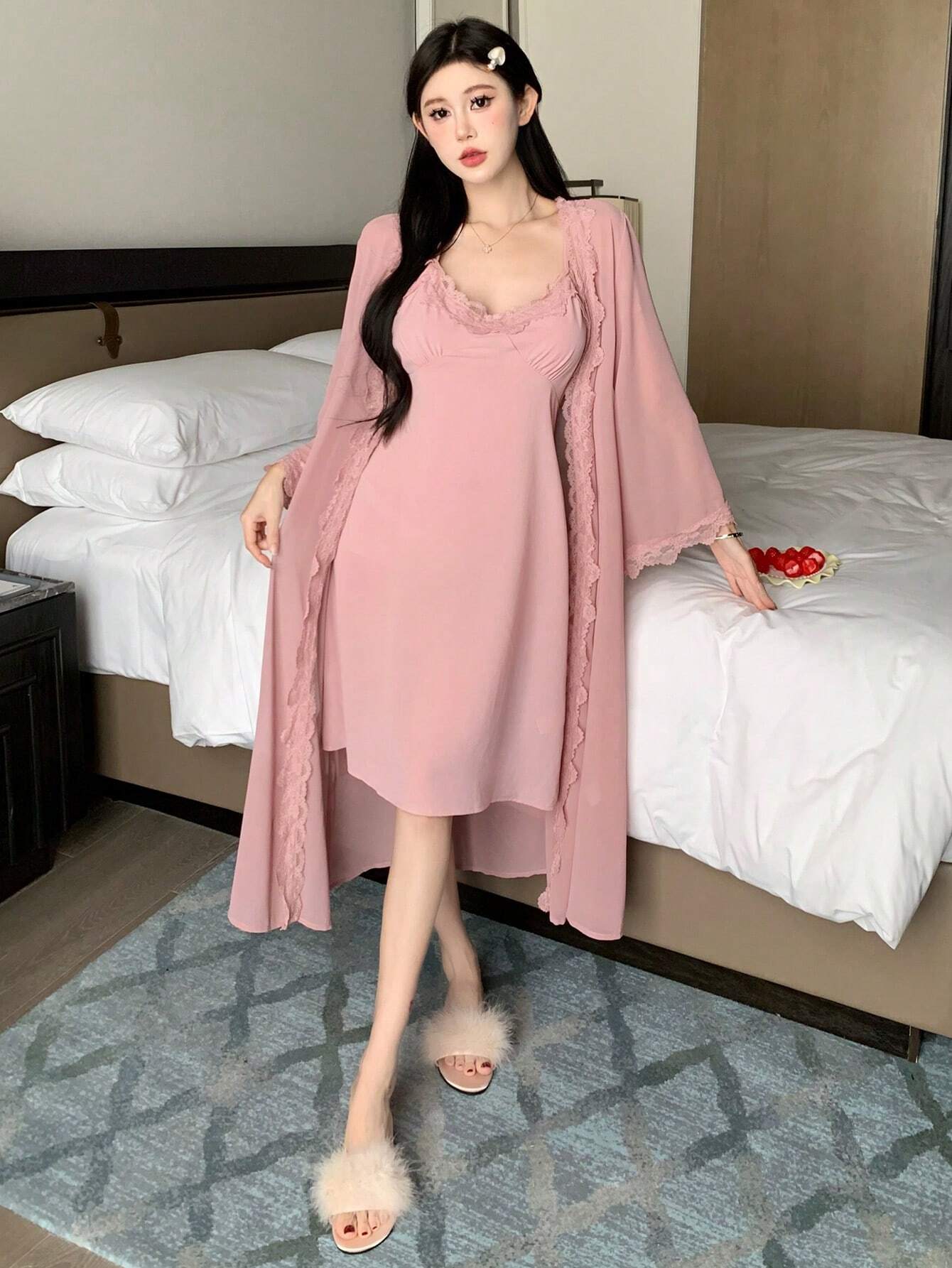 DAZY 2pcs Lace Splice Cami Slip Dress &amp; Robe Pajama Set