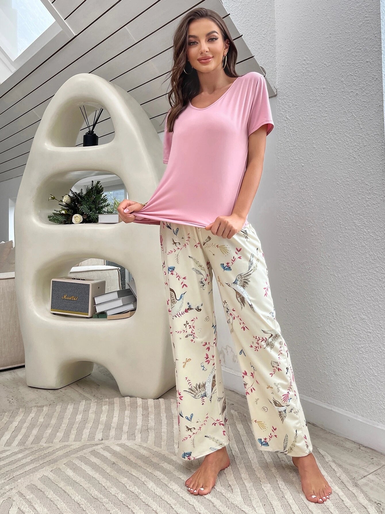 Bird &amp; Floral Print Tie Front PJ Set