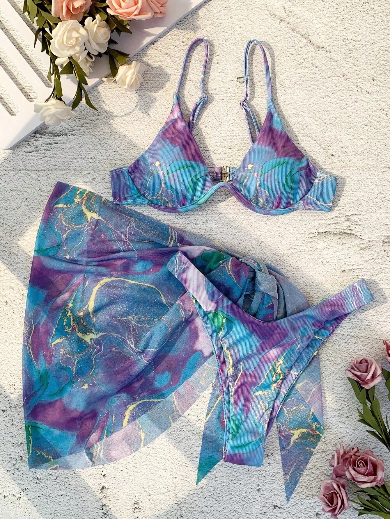 Swim Vcay Marble Print Ribbed Bikini Set Underwire Cami Bra &amp; Cheeky Bottom &amp; Beach Skirt 3 Piece Bathing Suit