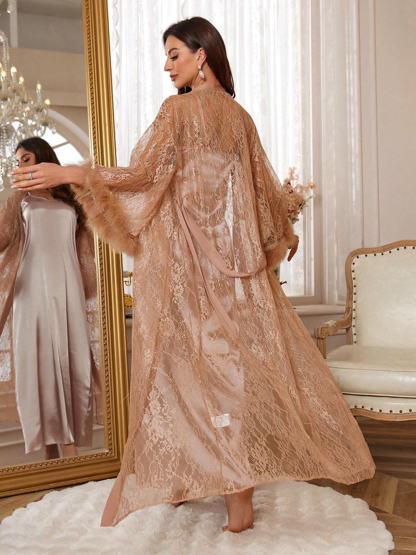 Women 3pcs Lace Contrast Hollow Robe, Satin Nightgown, And Shorts Sleepwear Set