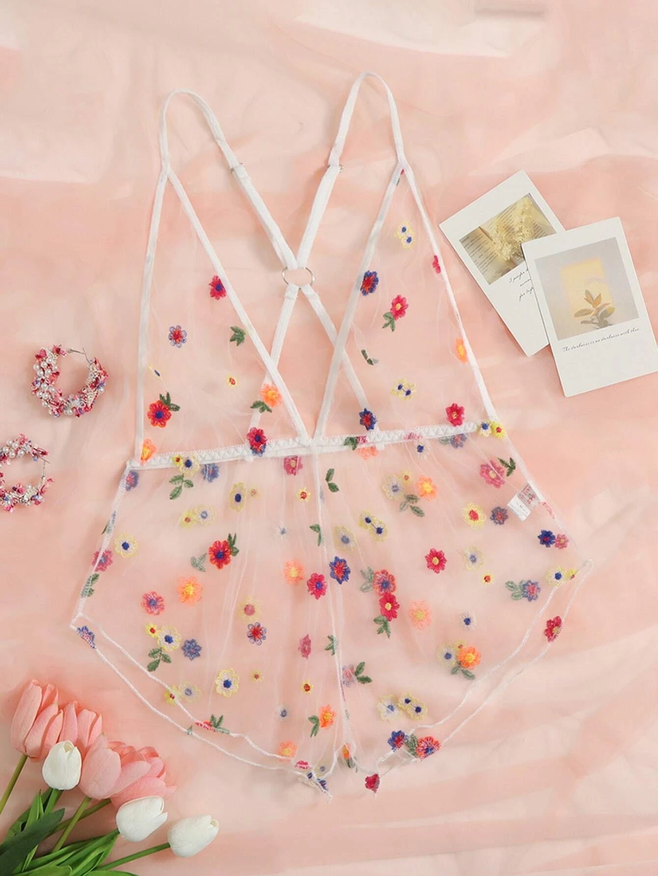 Floral Embroidered Mesh Crisscross Back Teddy Bodysuit