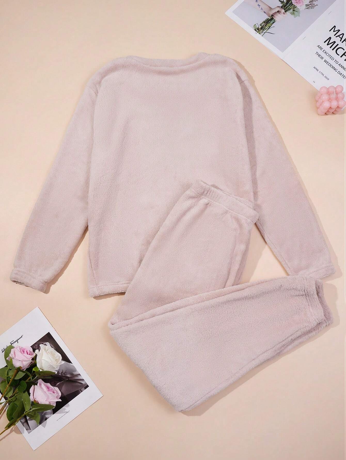 2pcs/Set Women Solid Color &amp; Letter Print Long Sleeve Shirt And Pants Pajama Set