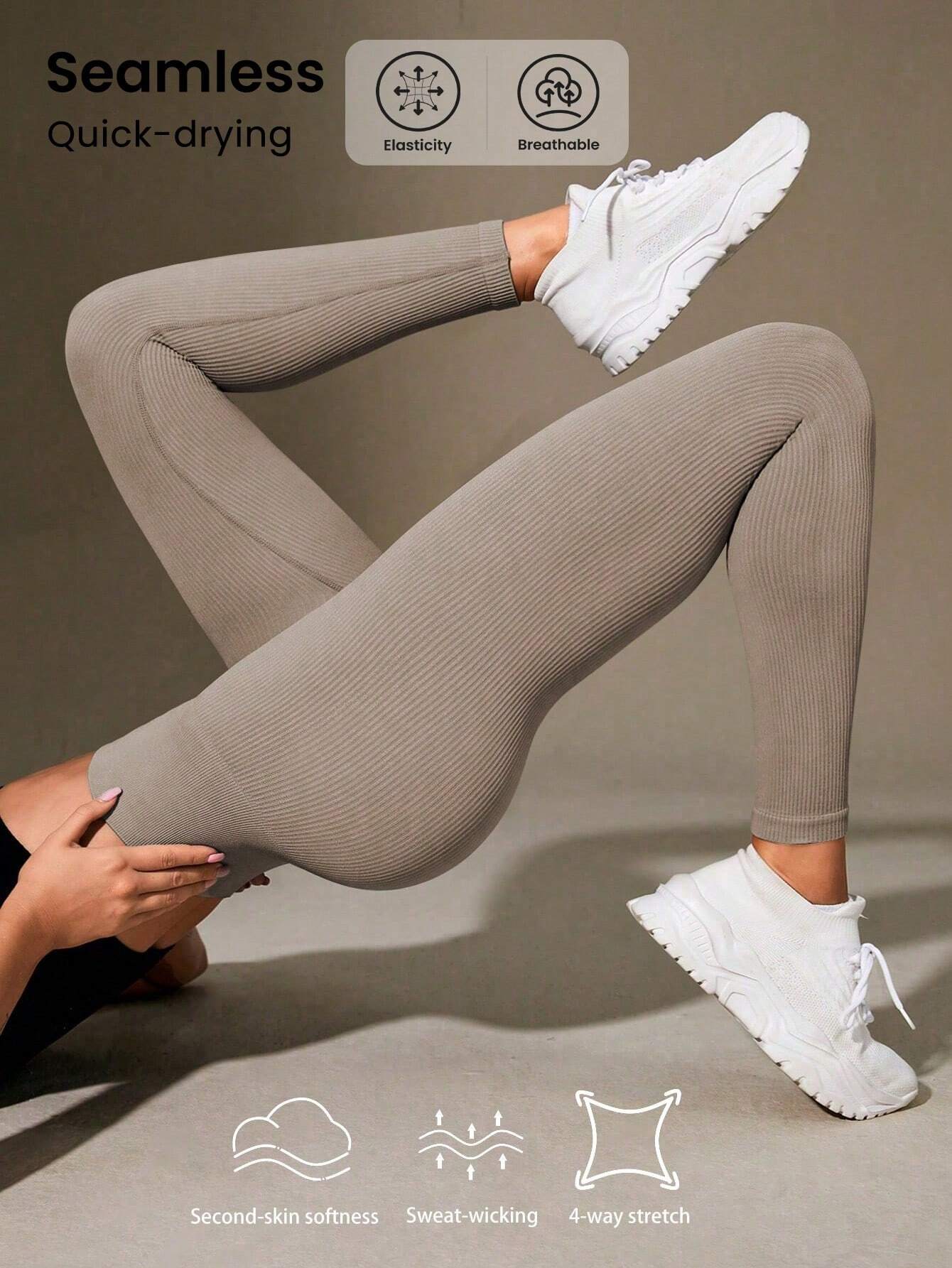 Yoga Basic Solid Wideband Waist Sports Leggings Khaki