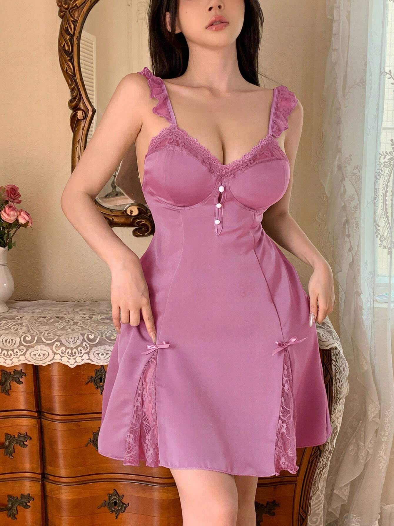 DAZY Women Lace Splice Satin Deep V-Neck Padded Cami Sleep Dress