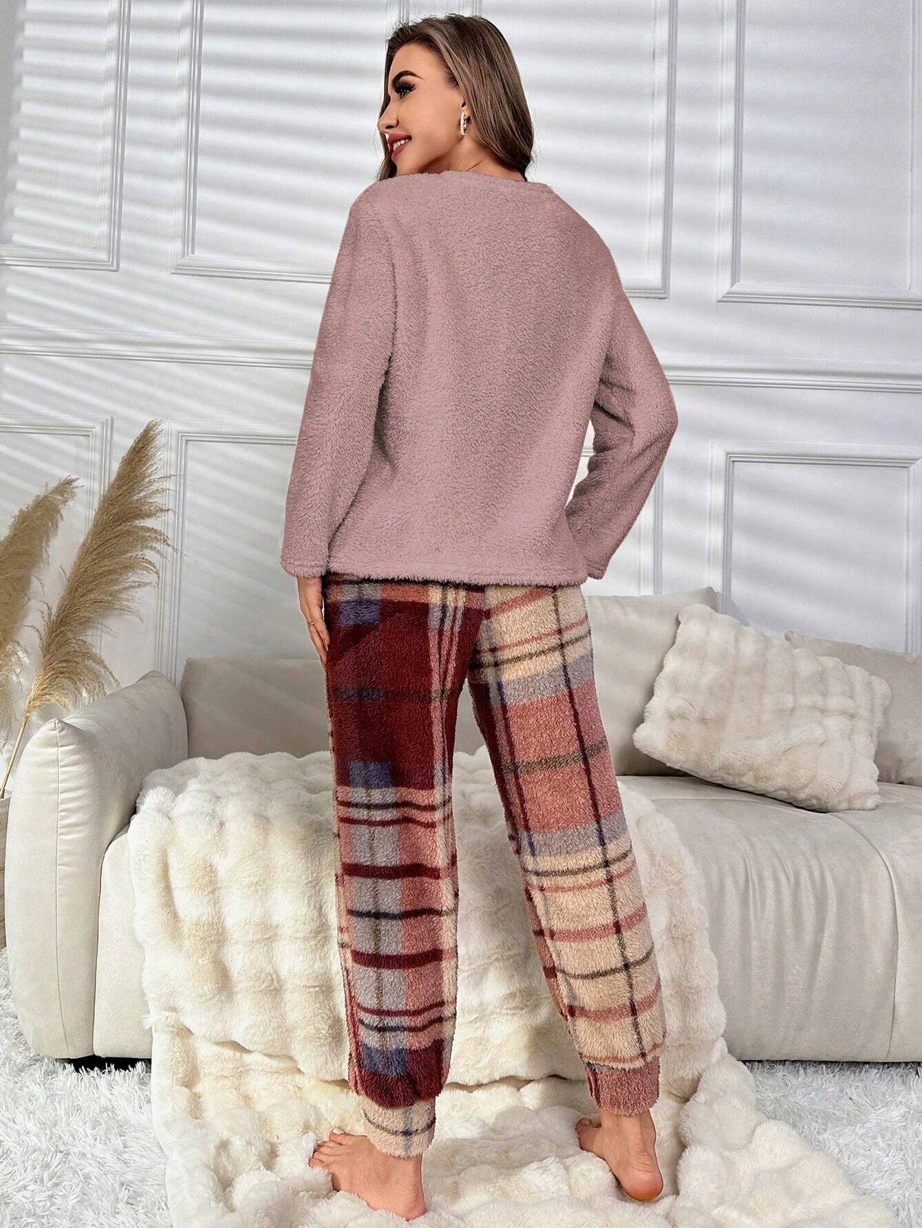 Bear &amp; Letter Embroidery Drop Shoulder Teddy PJ Set / Pajama Set