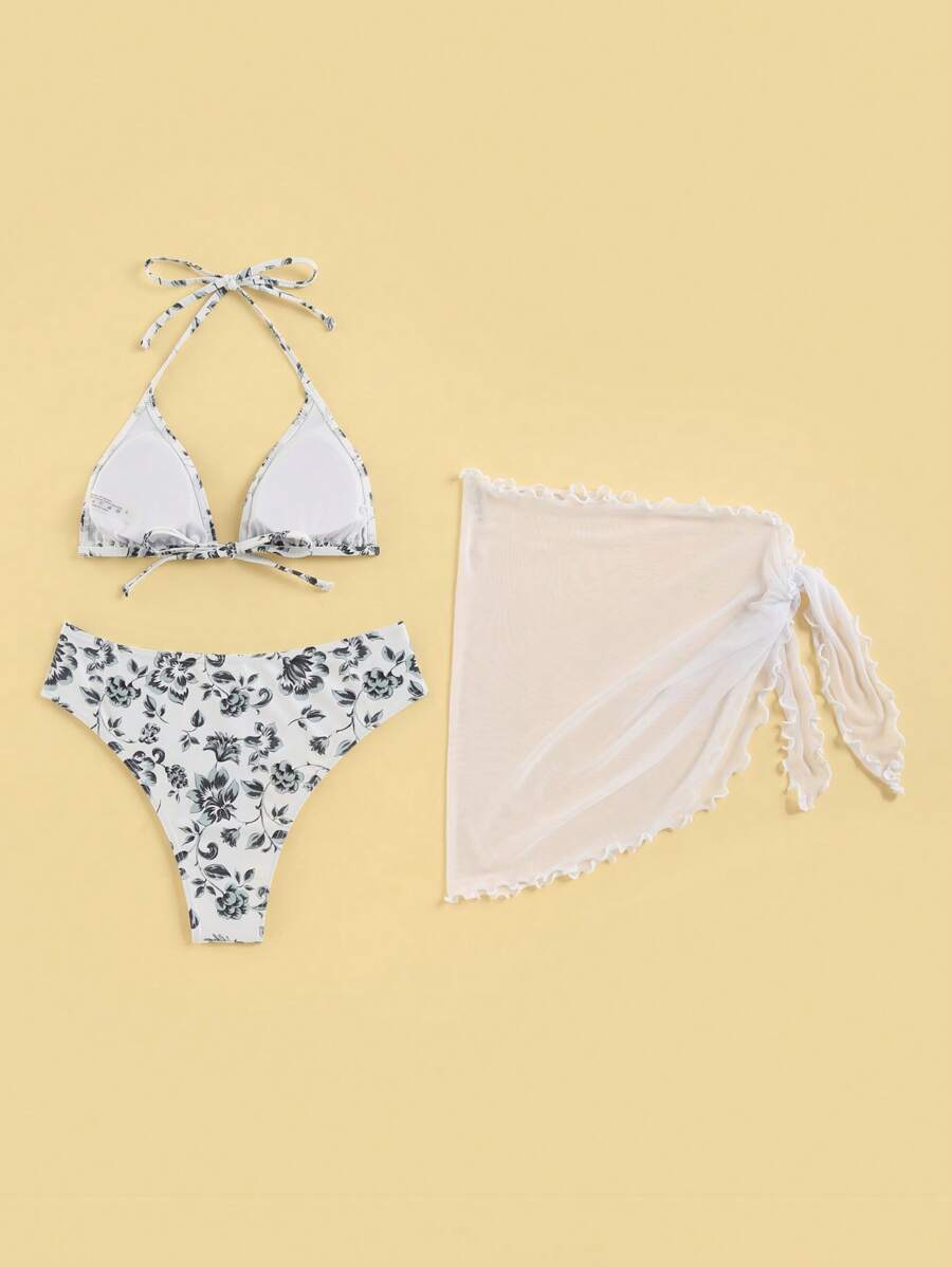 Floral Print Halter Triangle Bikini Swimsuit With Beach Skirt