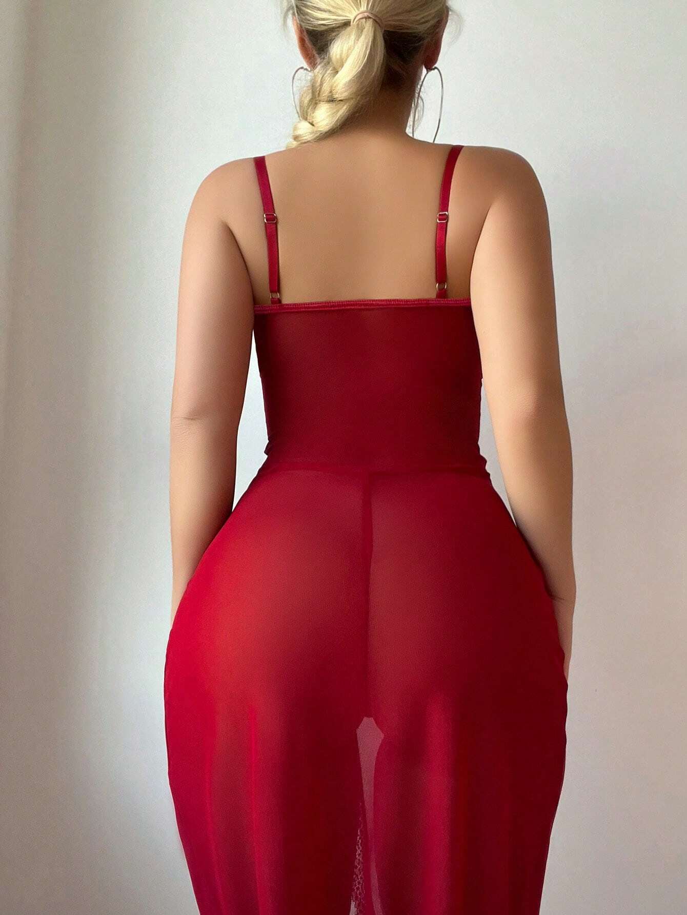 Sexy Lace Splice Mesh Underwear Maxi Dress And Thong Panty